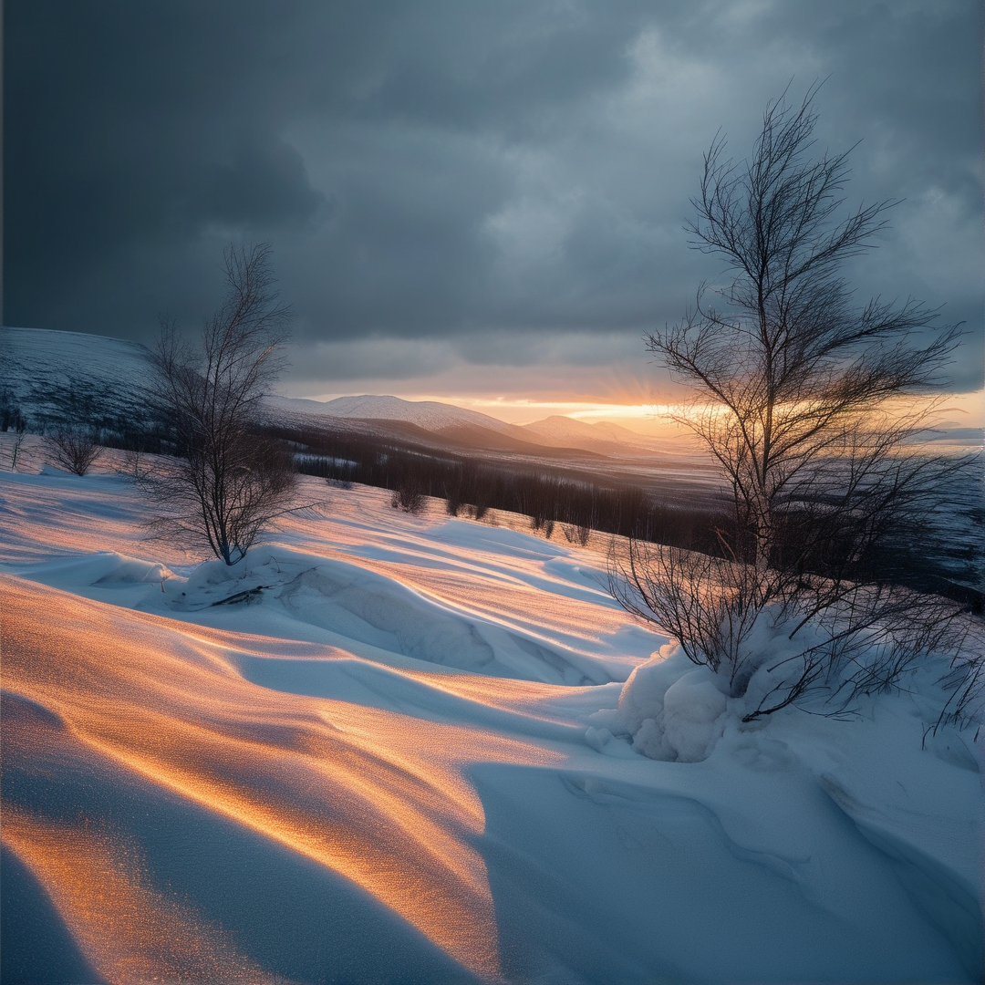 Leafless birch trees on rippled snow hills catch warm golden sunset light casting long shadows across the frozen valley