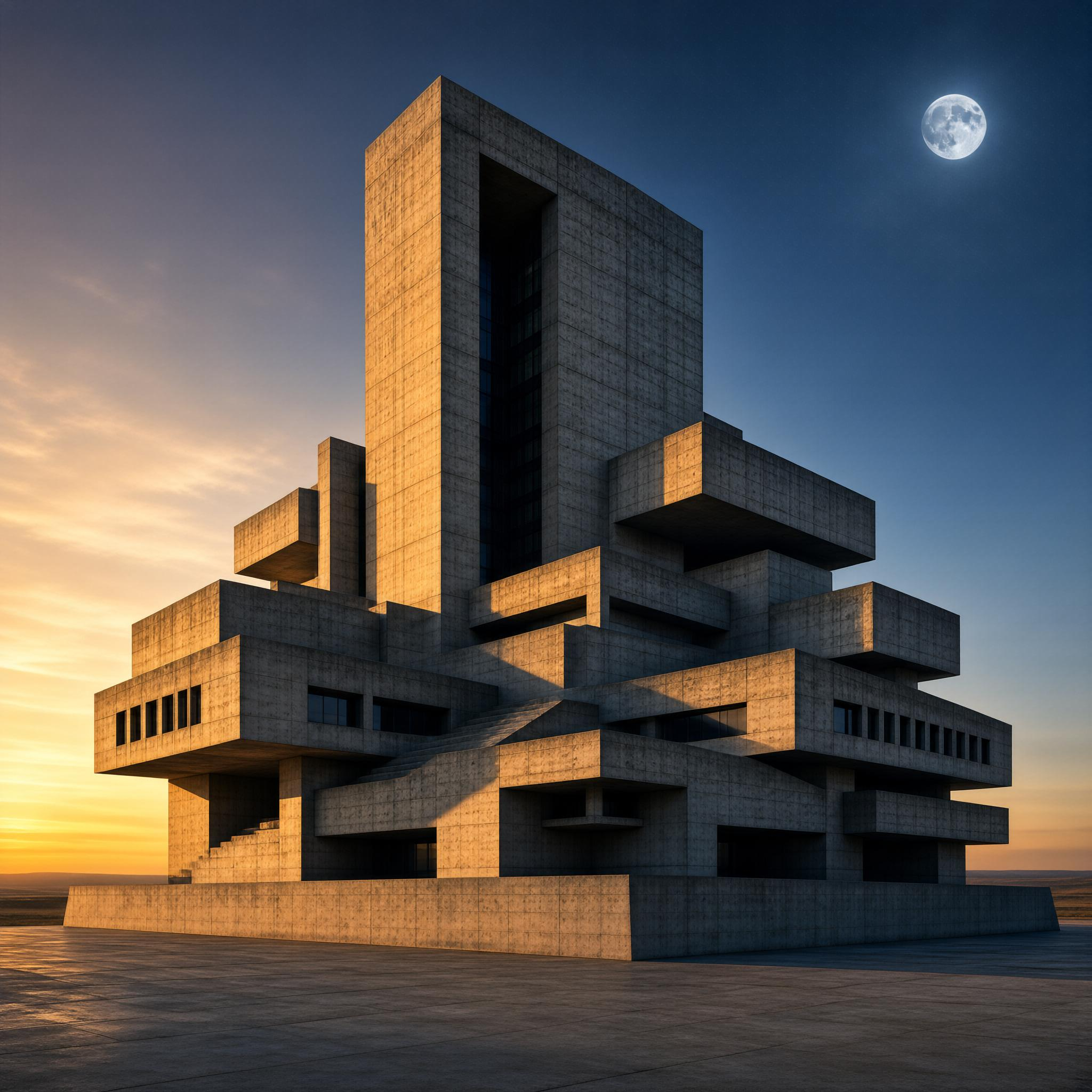 Brutalist Tower at Dusk