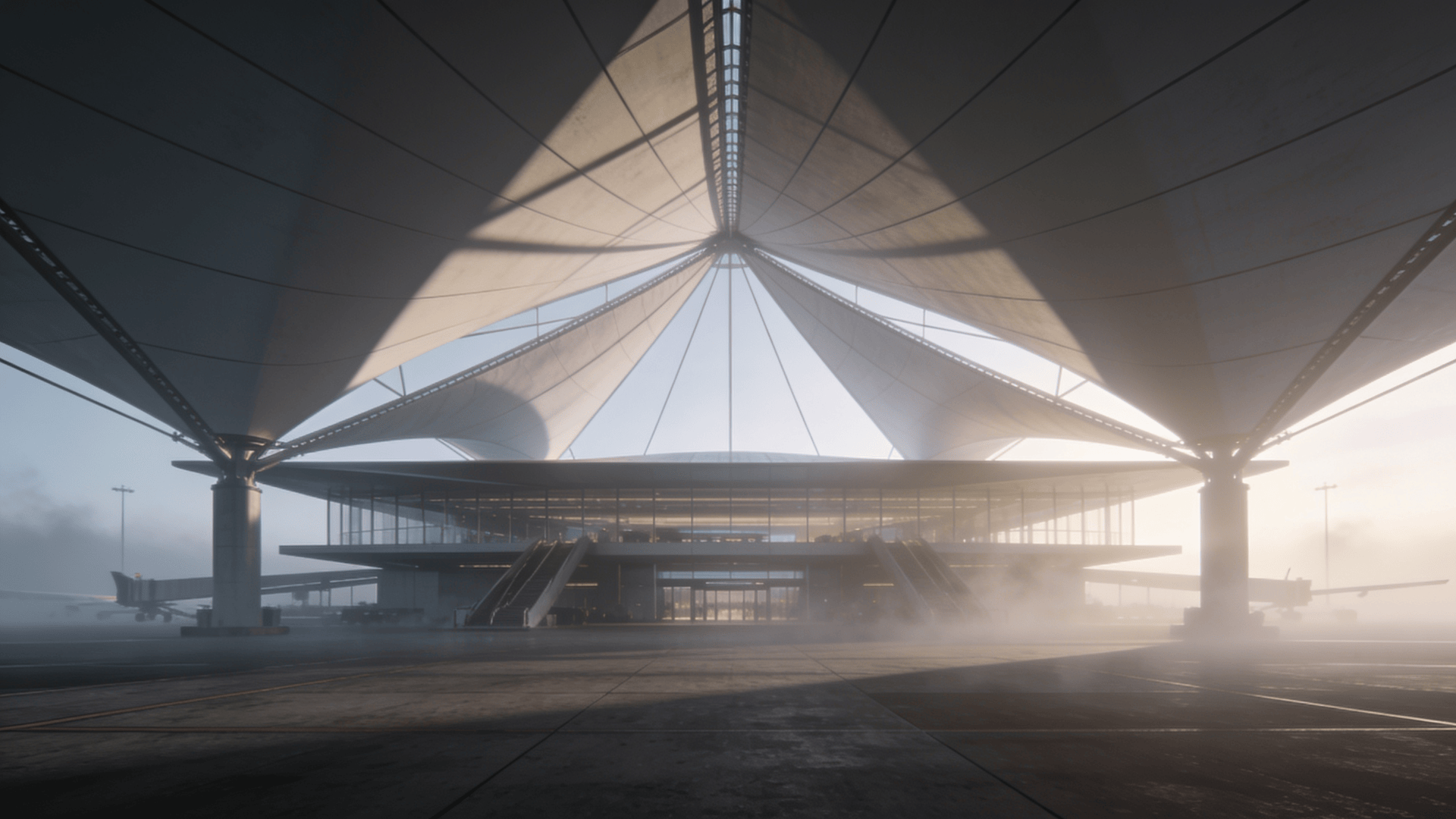 Terminal with Tensile Structure — Foggy Morning