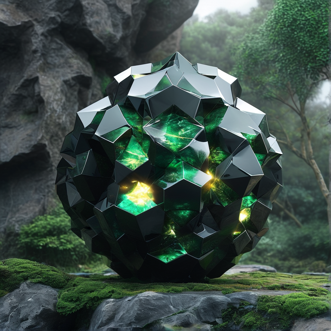 A chrome and emerald polyhedral orb rests on moss-covered rocks inside a misty forest clearing.