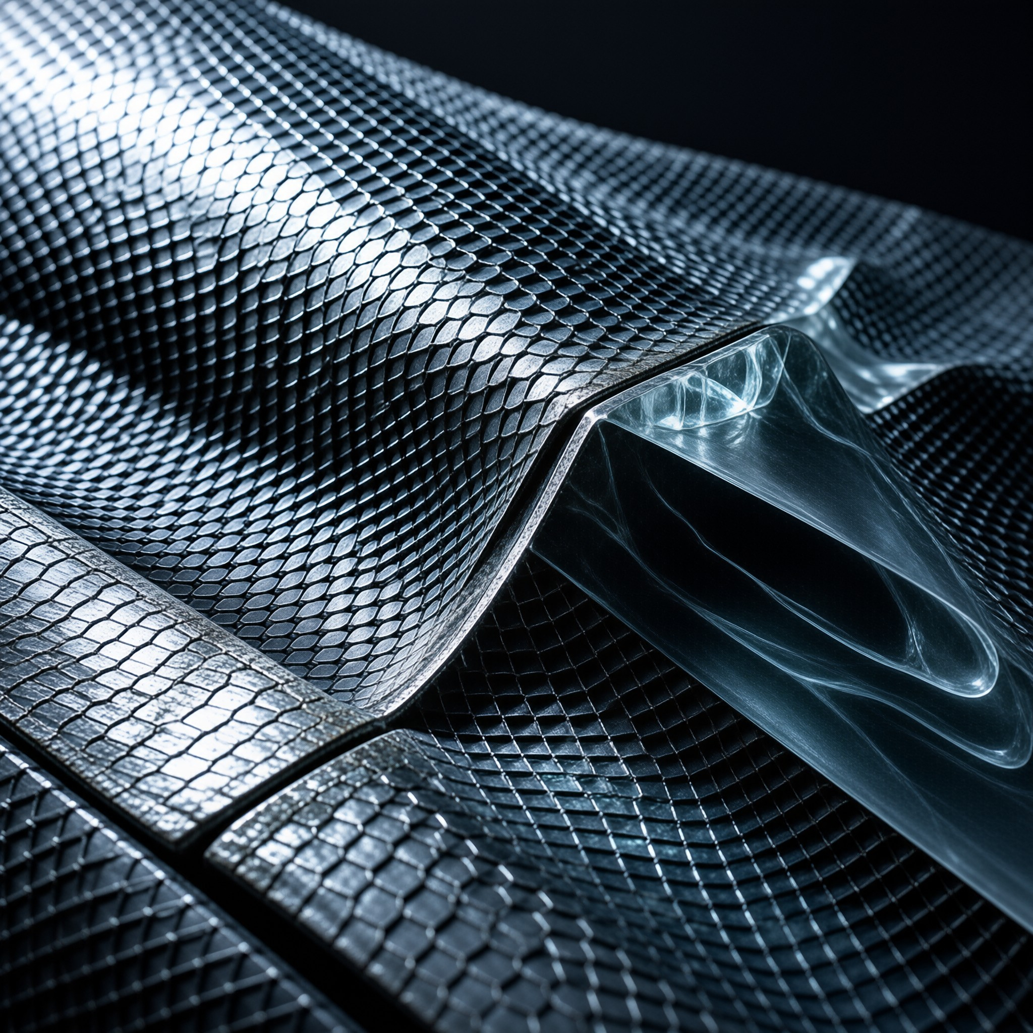 Detailed view of metallic scales partially covered by a layer of clear viscous liquid with sharp highlights.