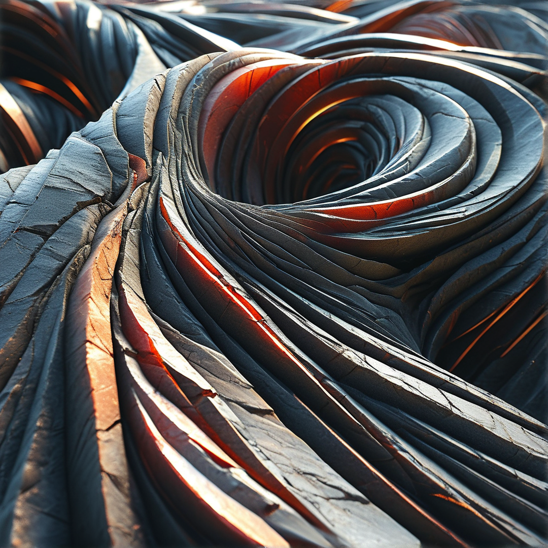 Layered dark carved wood forms a spiraling funnel, with warm orange light glowing through the gaps between its curved ridged surfaces.