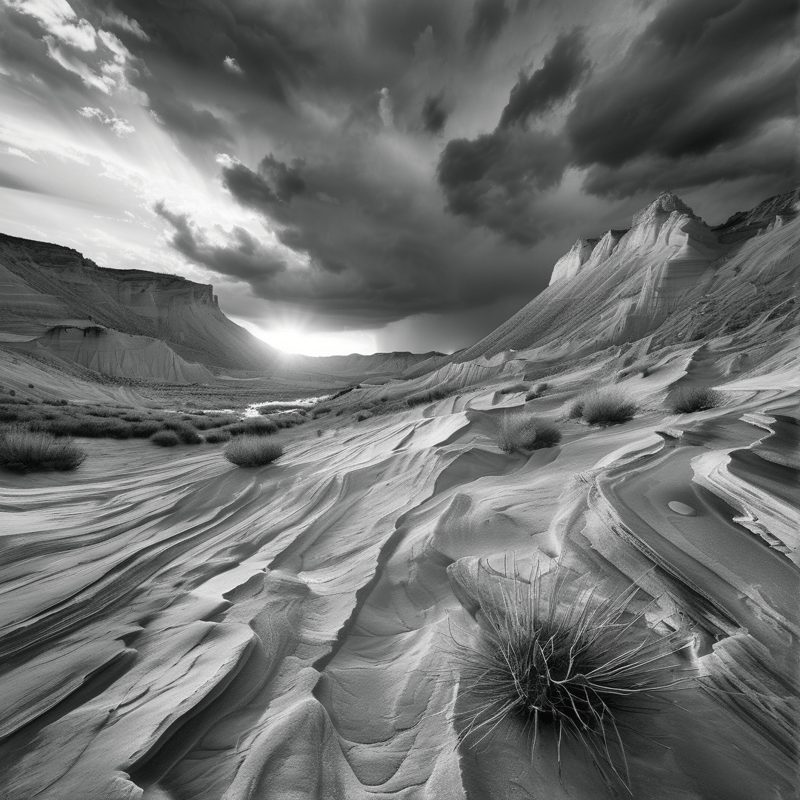 A monochrome view of eroded ground patterns with scattered dry grasses under a cloudy sky pierced by sun rays.