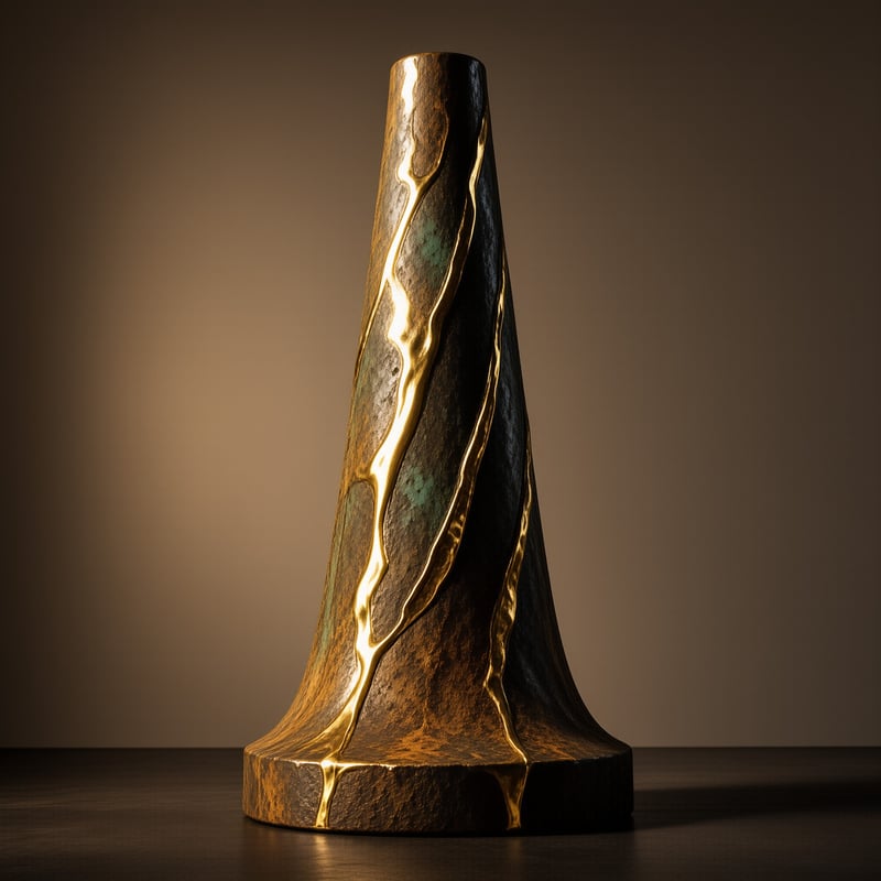 A tall dark sculpture with flowing gold lines stands on a table against a blurred background.