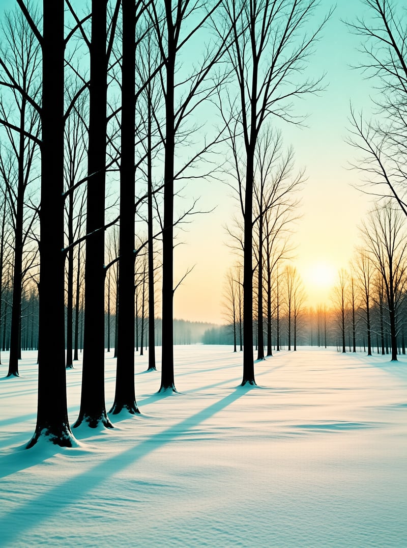 Rows of dark leafless trees stand on white snow while the sun shines low on the horizon creating long blue shadows.