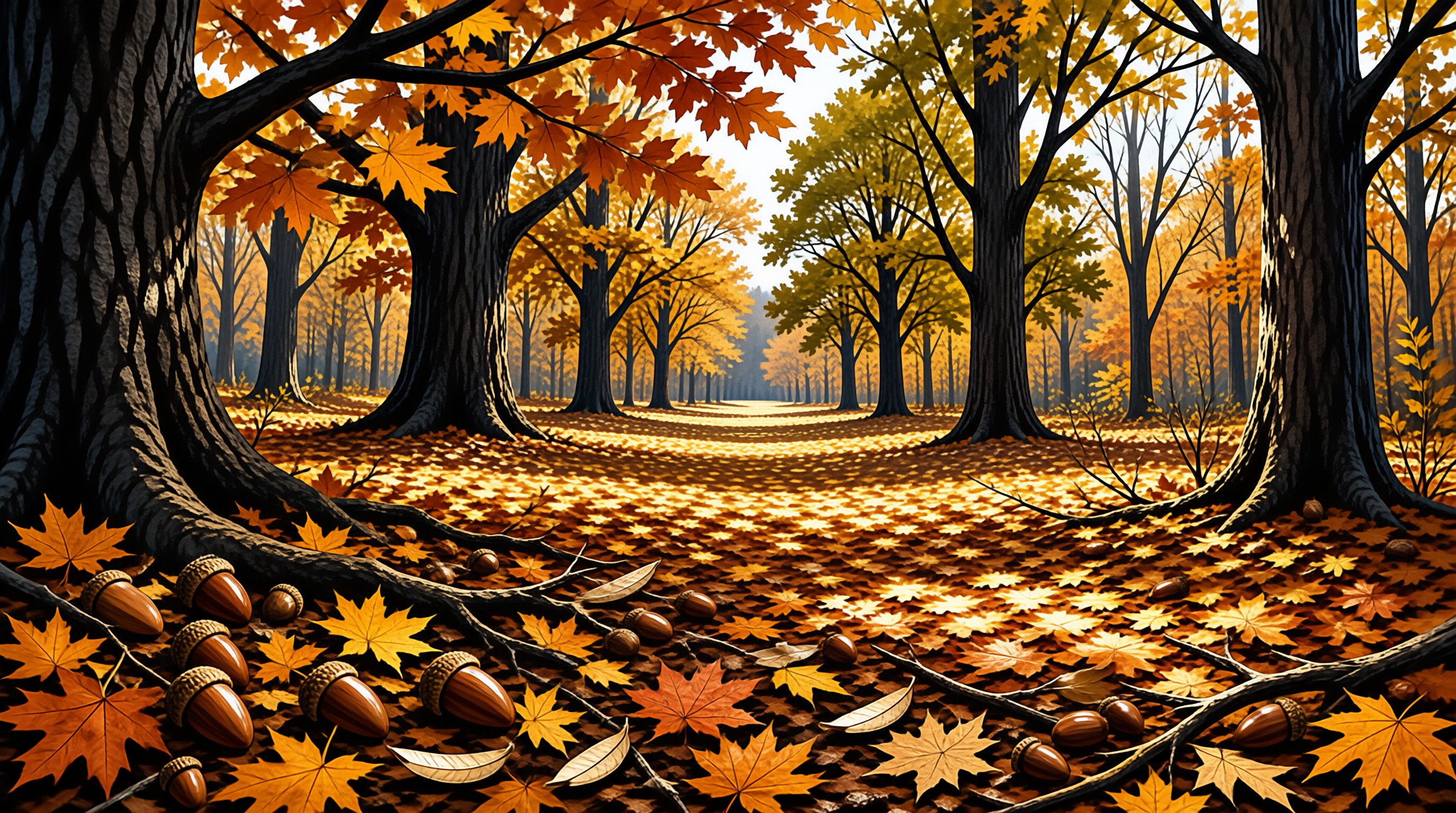 A winding path through an autumn forest covered in fallen leaves and acorns under bright sunlight.
