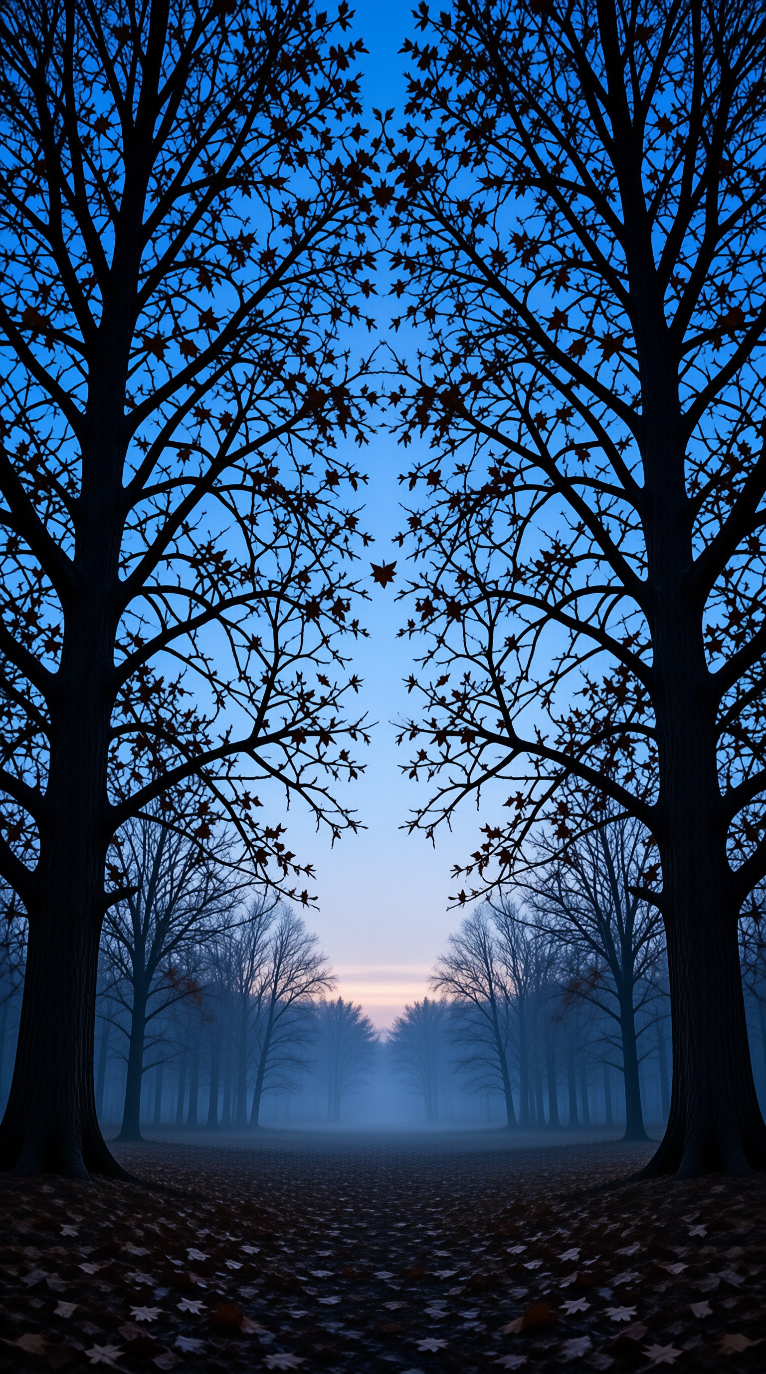 Silhouetted trees frame a misty forest path under a deep blue sky with a faint horizon glow.