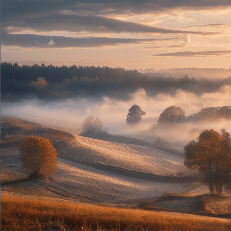 Mist obscures rolling fields while warm sunlight highlights scattered trees and distant clouds above the valley landscape.