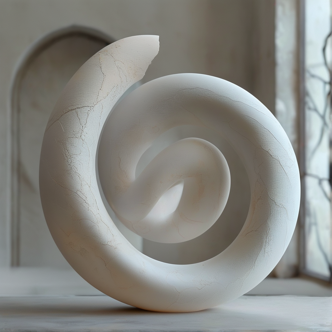 White spiral sculpture with cracked texture stands near a window, bathed in soft natural light.