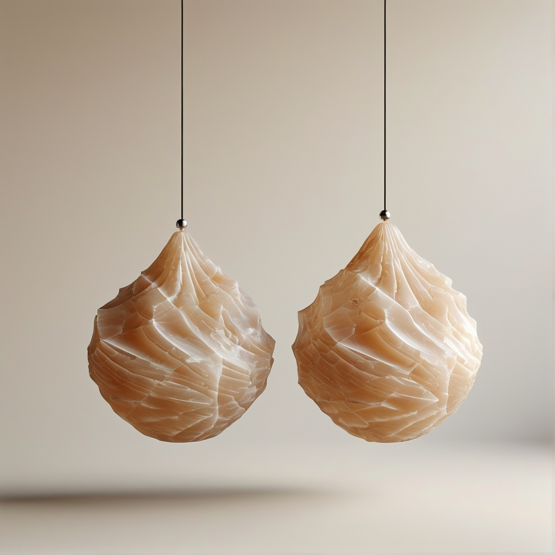 Two beige pendant lights with a folded paper texture hang from black cords against a neutral wall.
