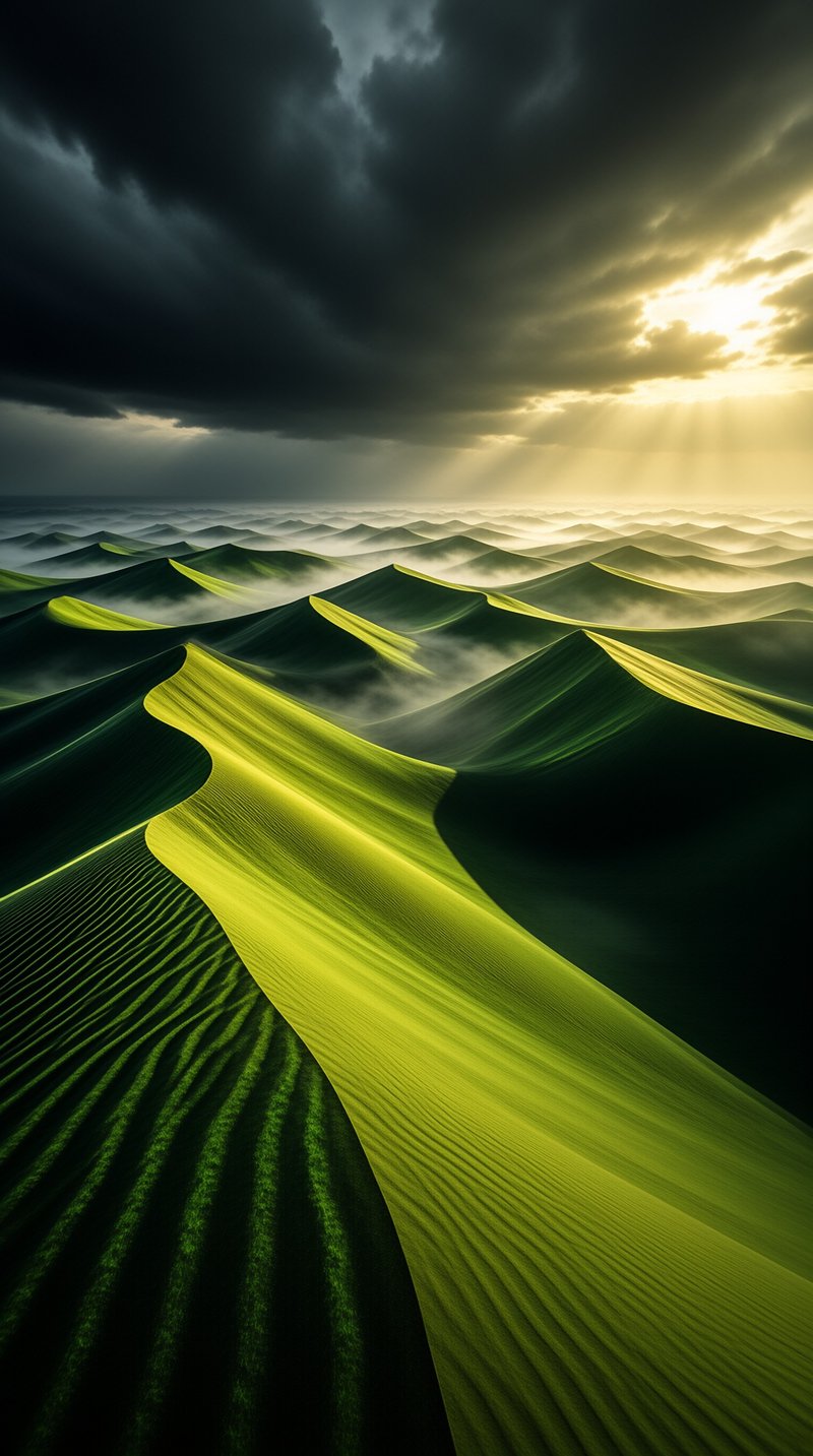 Waves of vivid green sand dunes stretch to the horizon while golden light spills from a dark storm sky.