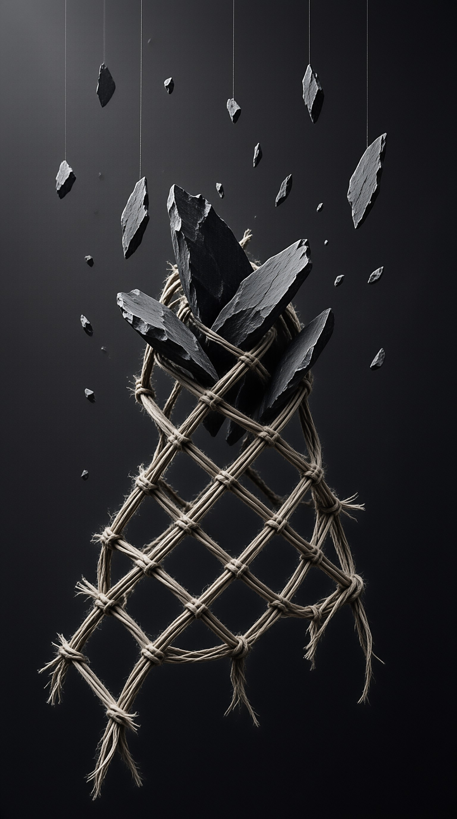 A woven jute lattice net holds dark angular stone fragments suspended by thin threads against a dark monochrome background.