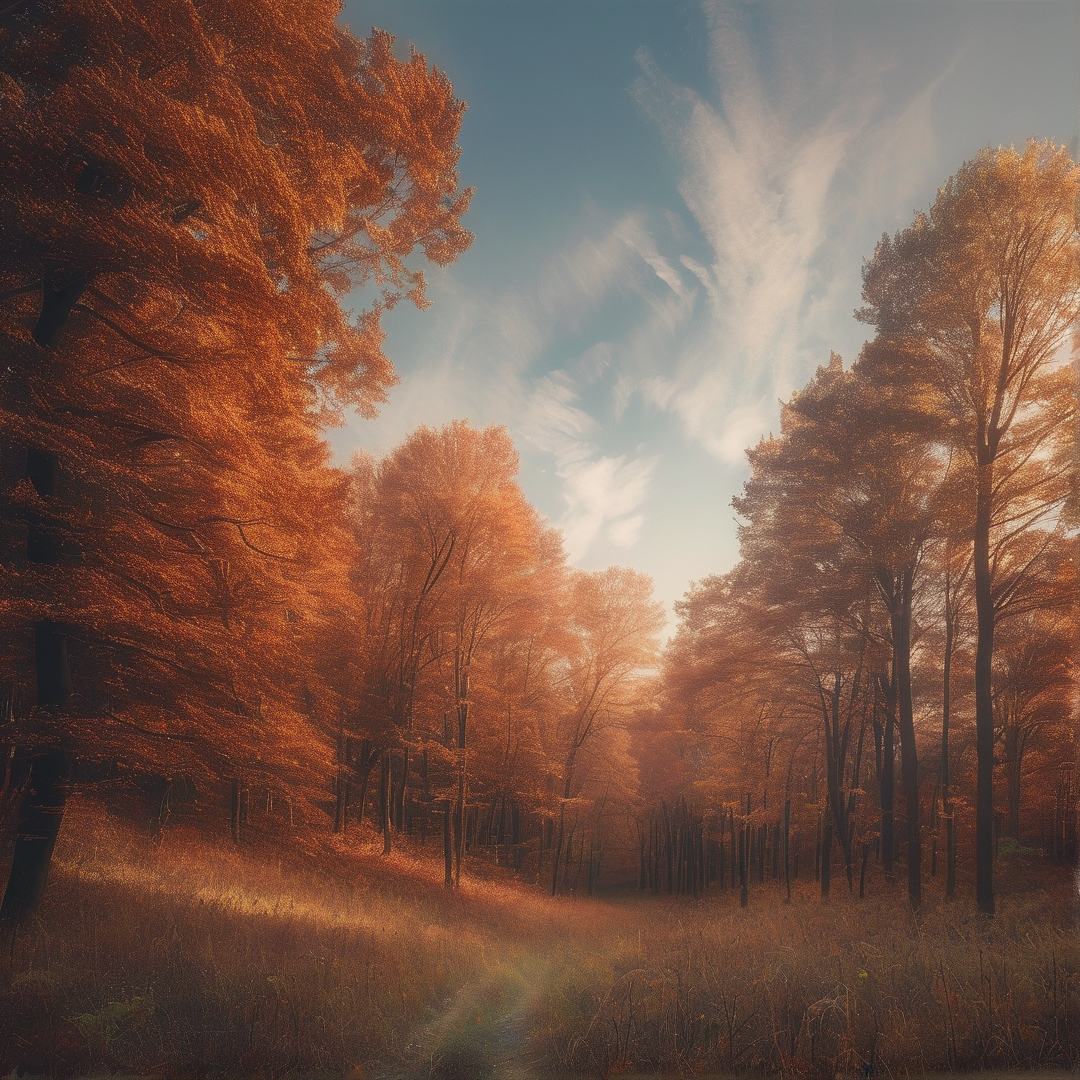Tall trees with orange leaves stand against a blue sky while sunlight shines brightly through the branches.