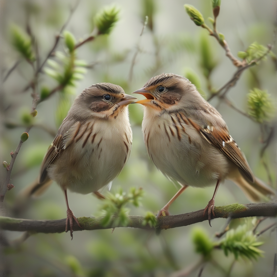 Two small brown birds stand close together on a wooden branch surrounded by blurred green leaves.