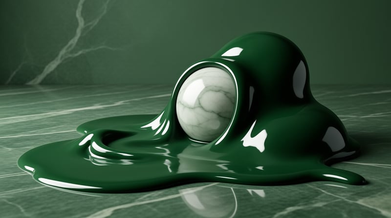 A white veined marble ball sinks into a slow wave of dark emerald gloss pooling on a green stone surface.