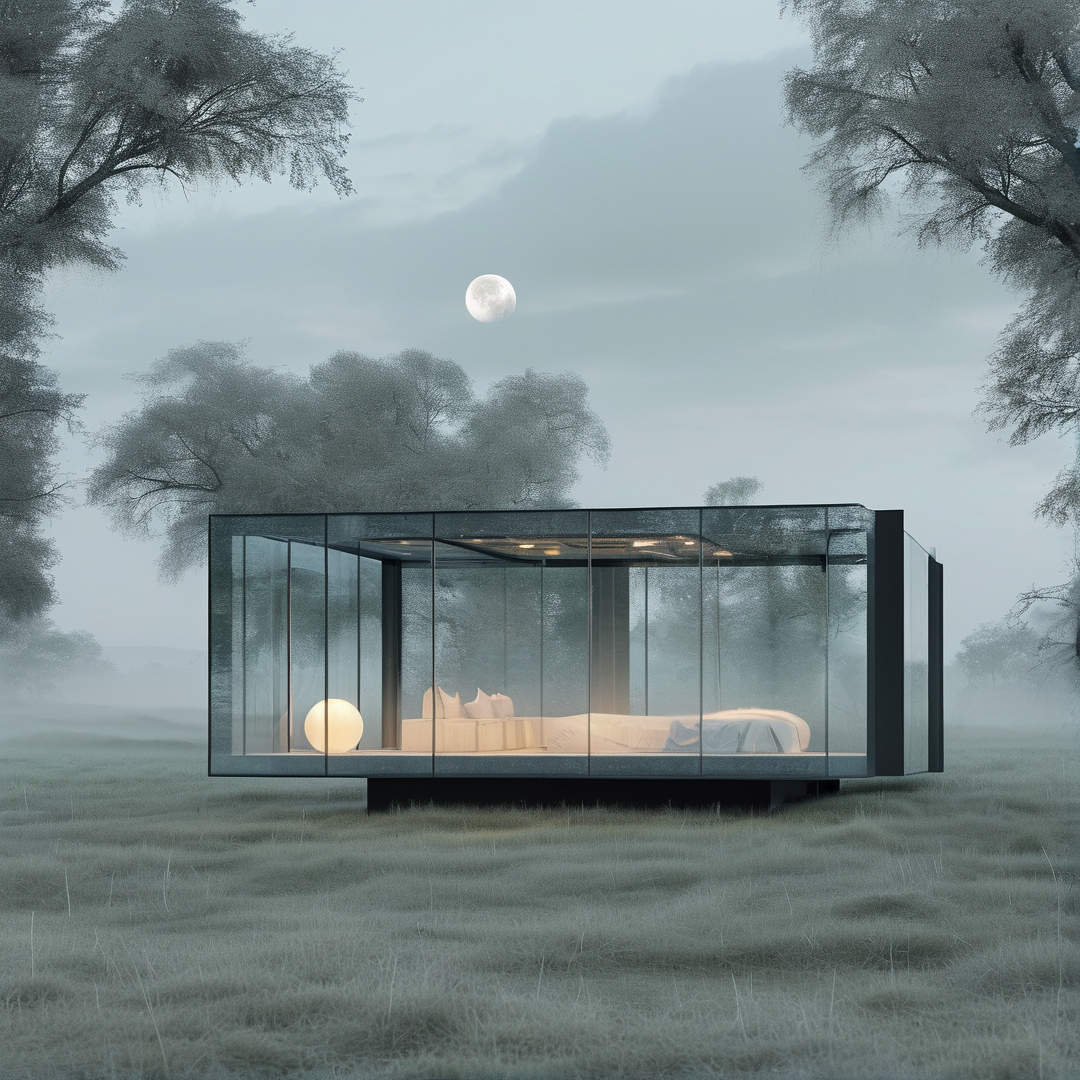 A transparent glass structure rests in a foggy grassland at night revealing a bed inside beneath a full moon.