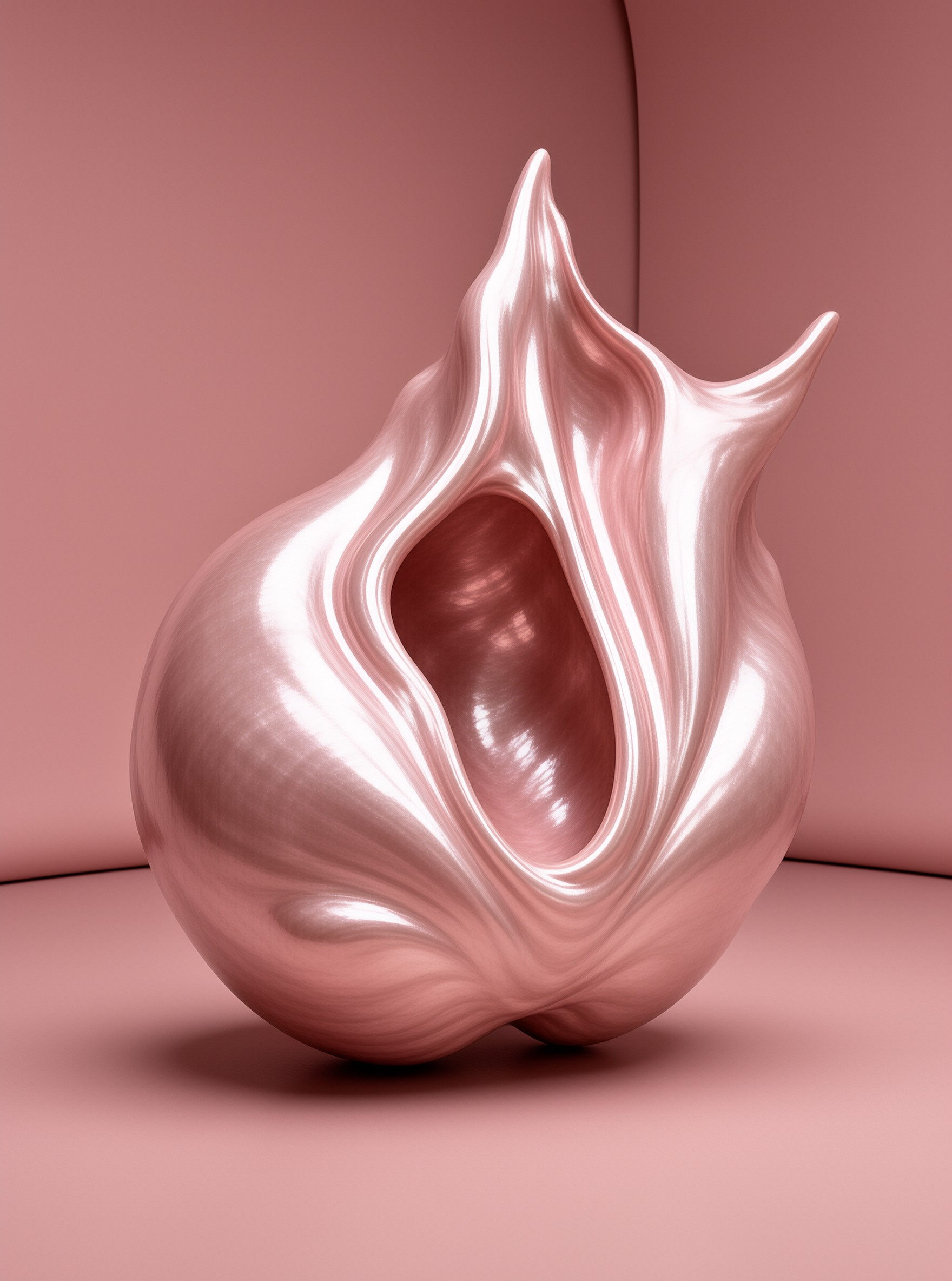 A highly reflective pink liquid-like resin object with a concave open hollow sits on a smooth rose pink surface in a softly lit matching studio.