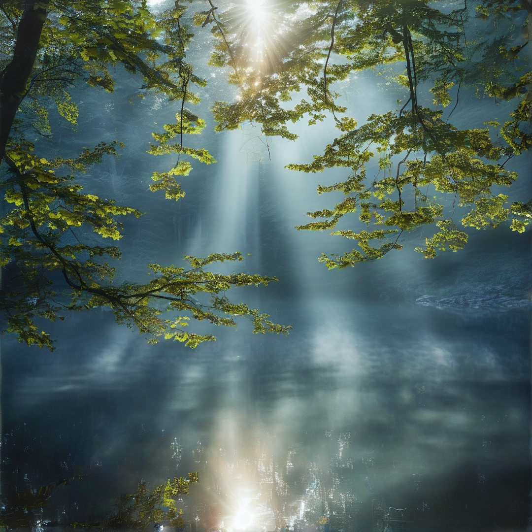 Bright sunlight streams down through the green canopy of a misty forest creating visible rays of light that cut through the blue fog and illuminate the hanging branches.