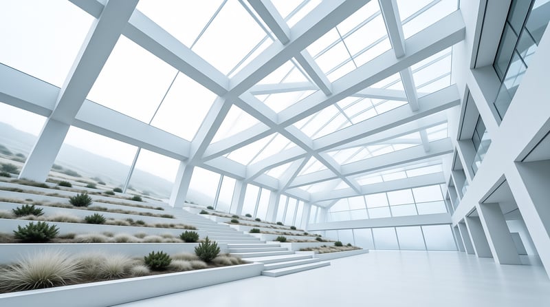 A bright minimalist conservatory interior of white beams and glass roof terraces planted with ornamental grasses.