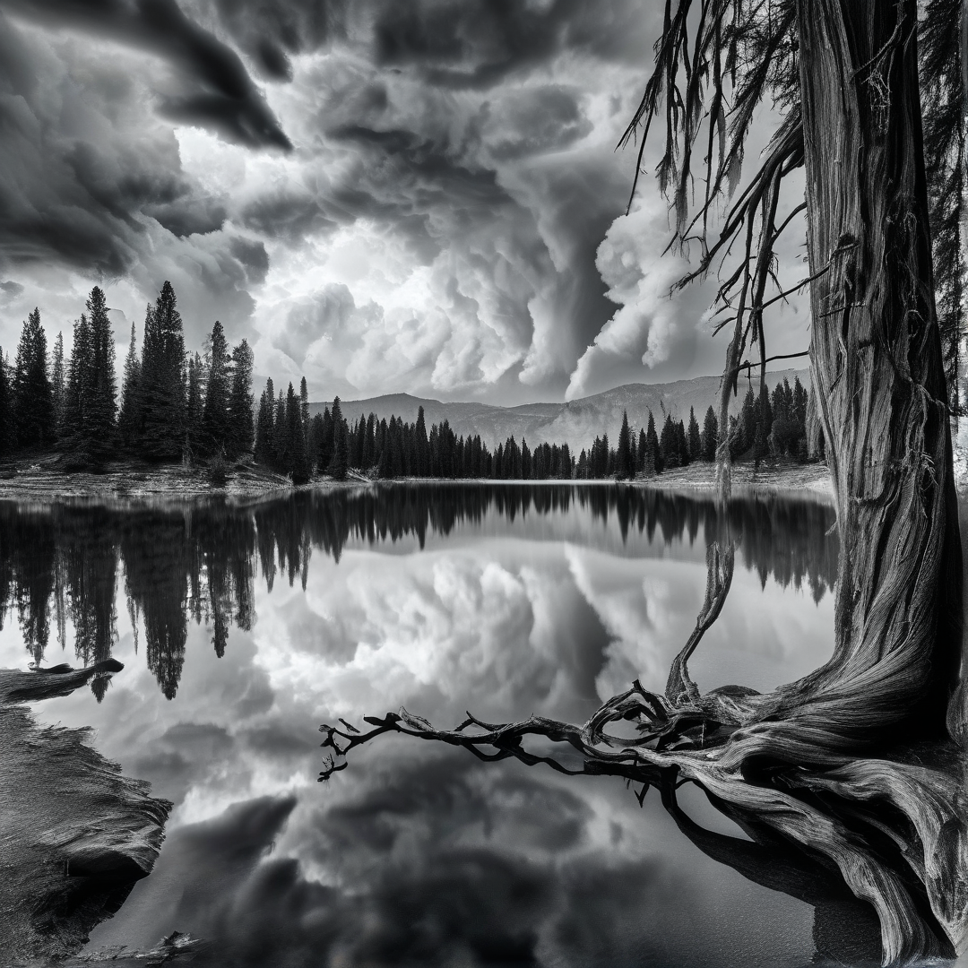 Black and white landscape of a twisted tree reflecting in a still lake with pine forests and clouds