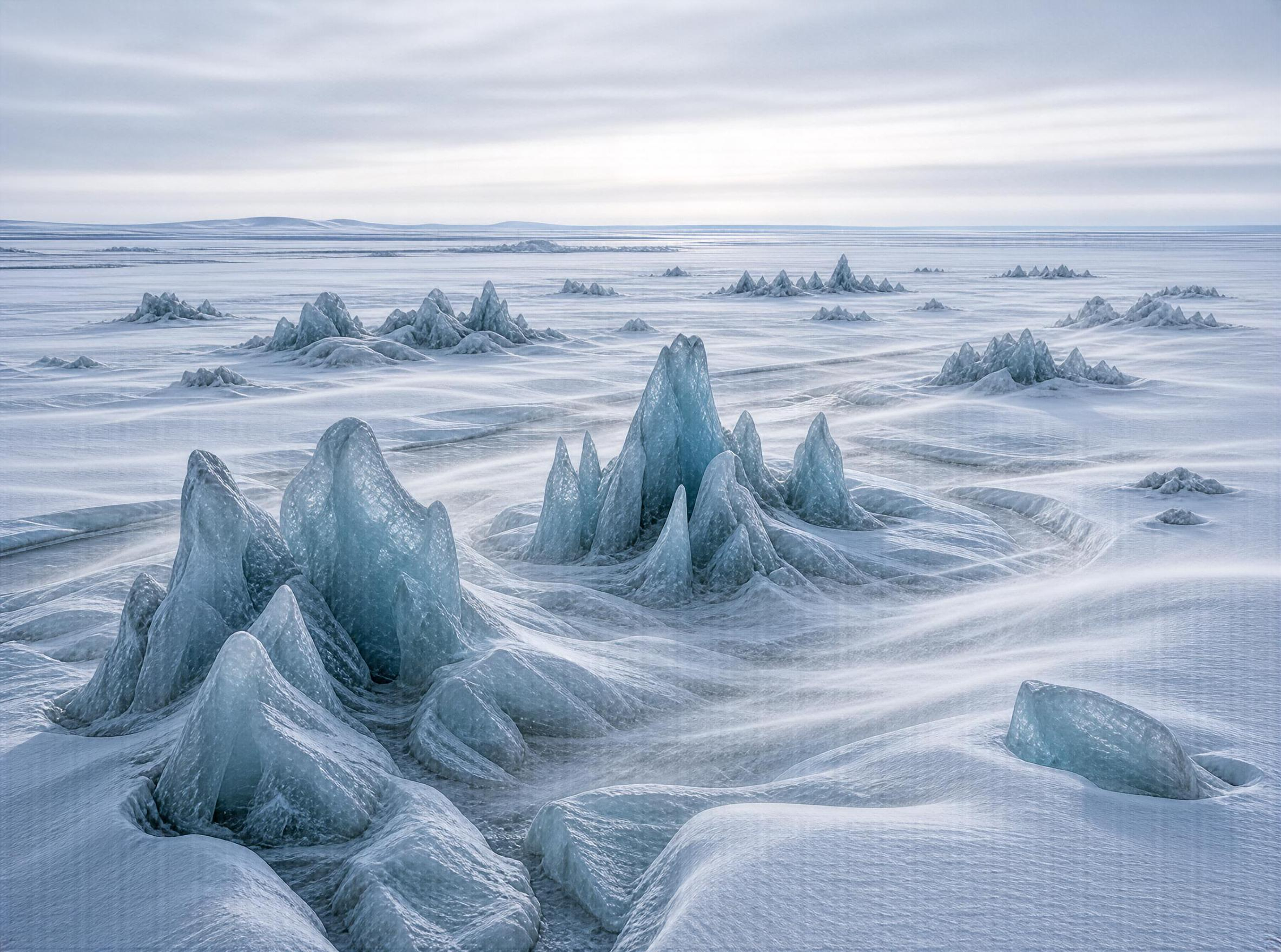 Ice Spires on Frozen Lake