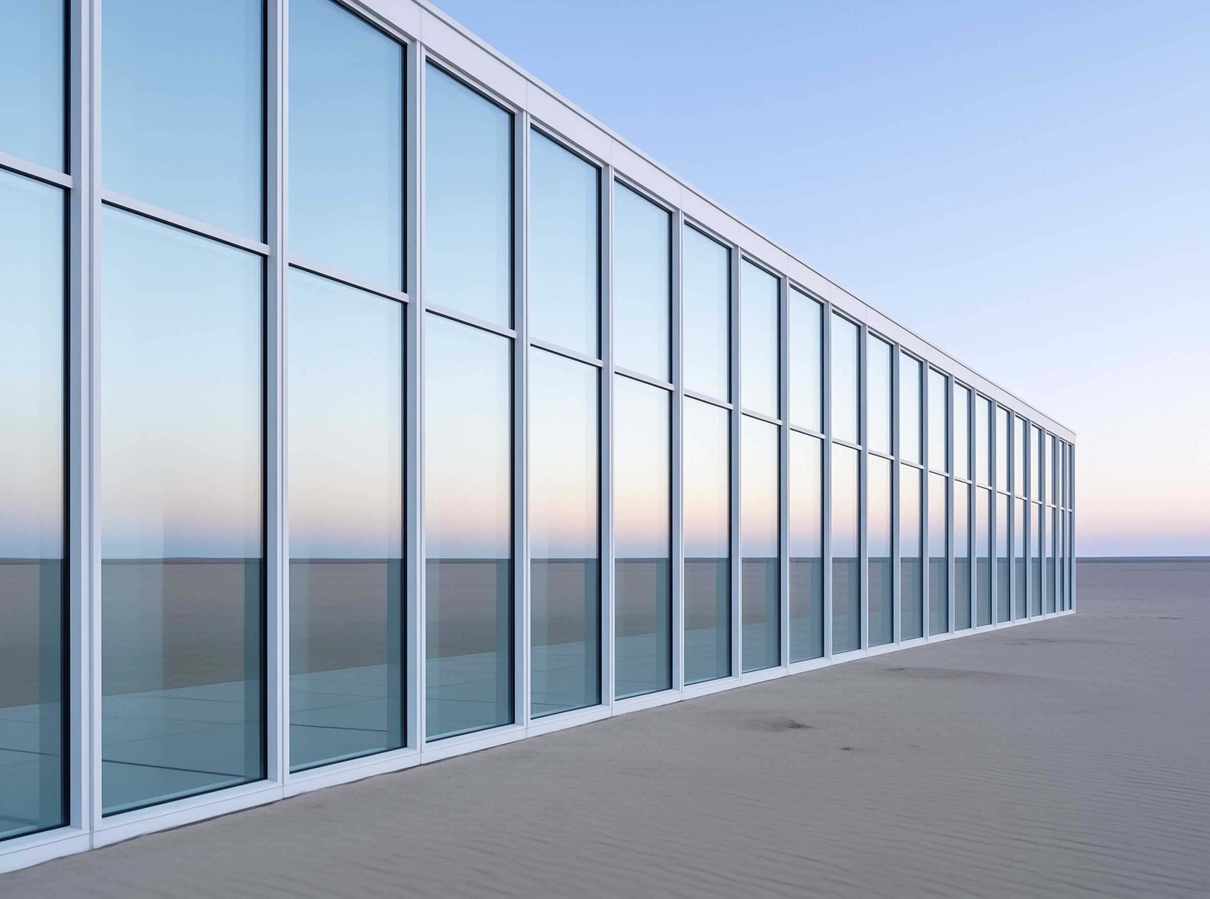 A continuous wall of white framed glass reflects the pastel twilight sky above an expansive sandy landscape.