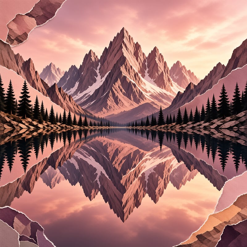 Jagged alpine summits rise above a treeline while their rugged forms mirror perfectly in the still pink water below.