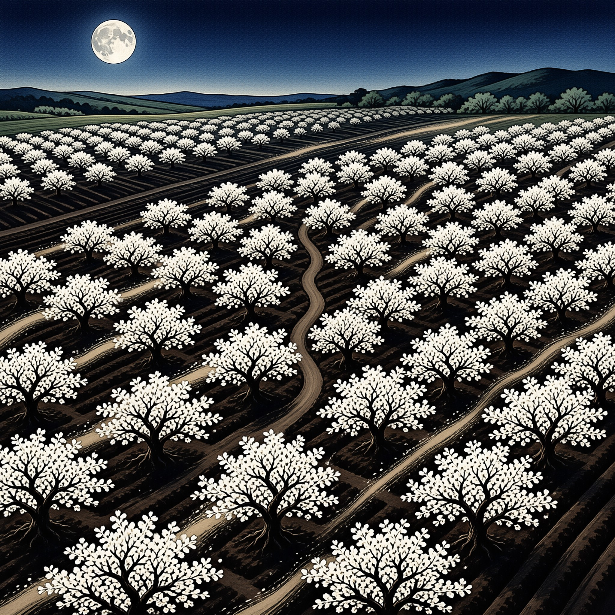 A stylized nighttime landscape of blossoming trees planted in neat rows beneath a bright harvest moon