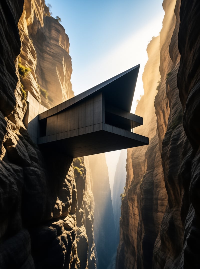 A sleek modern concrete viewing platform juts out between towering sunlit sandstone canyon walls.