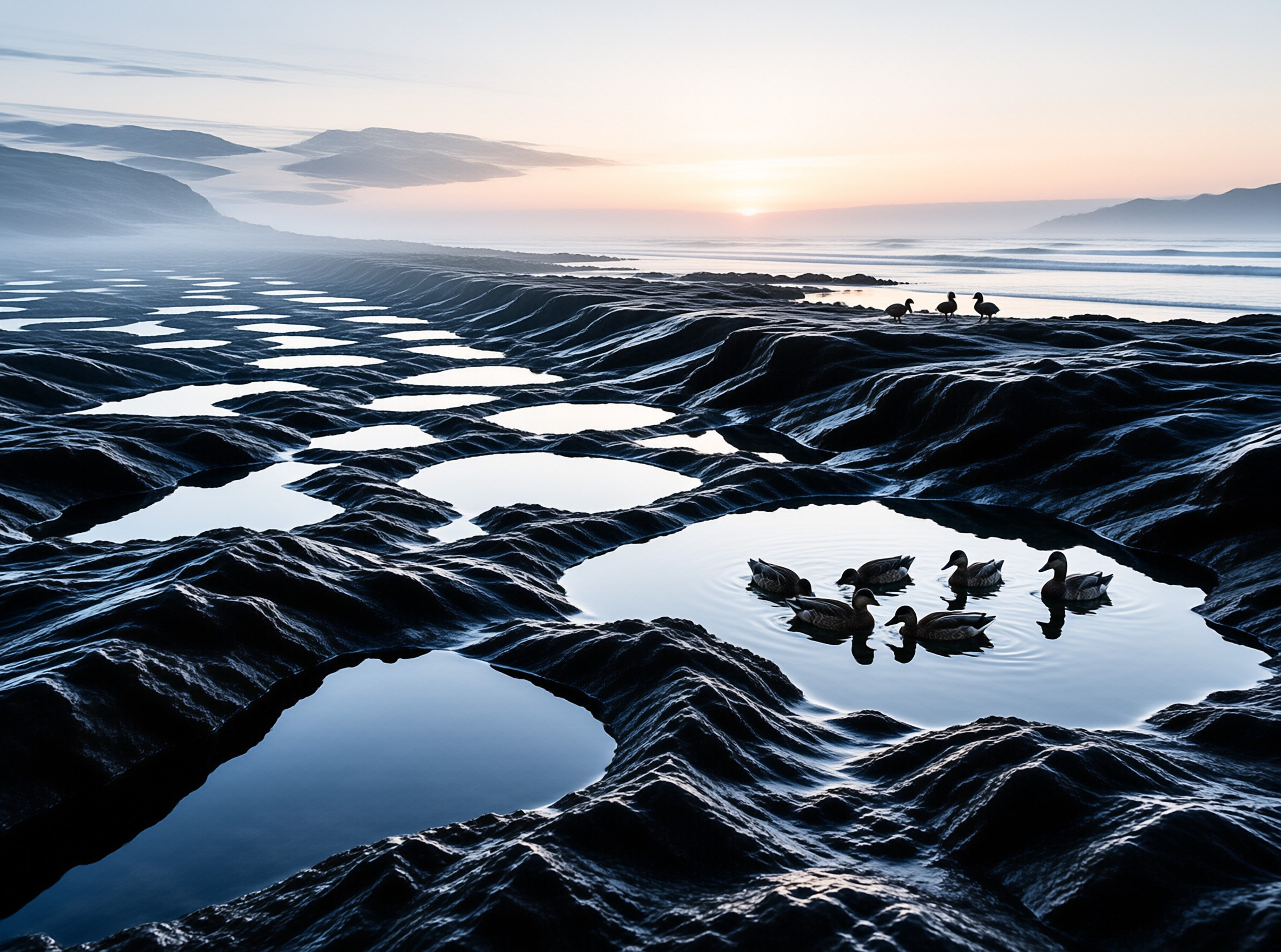 Groups of ducks swim and rest on dark rippling ground next to water pools under a misty sky.
