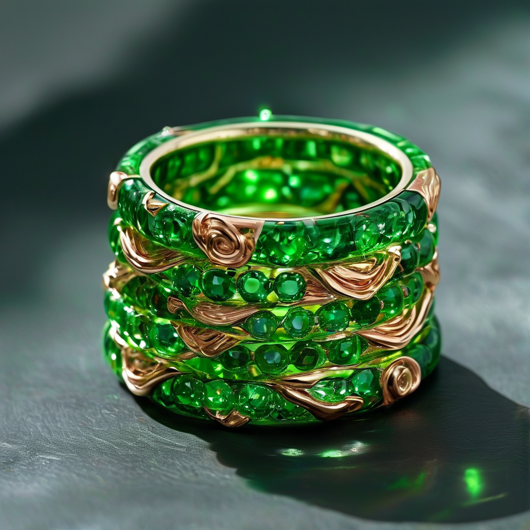 A wide emerald ring with gold floral designs sits on a dark reflective surface showing green highlights.
