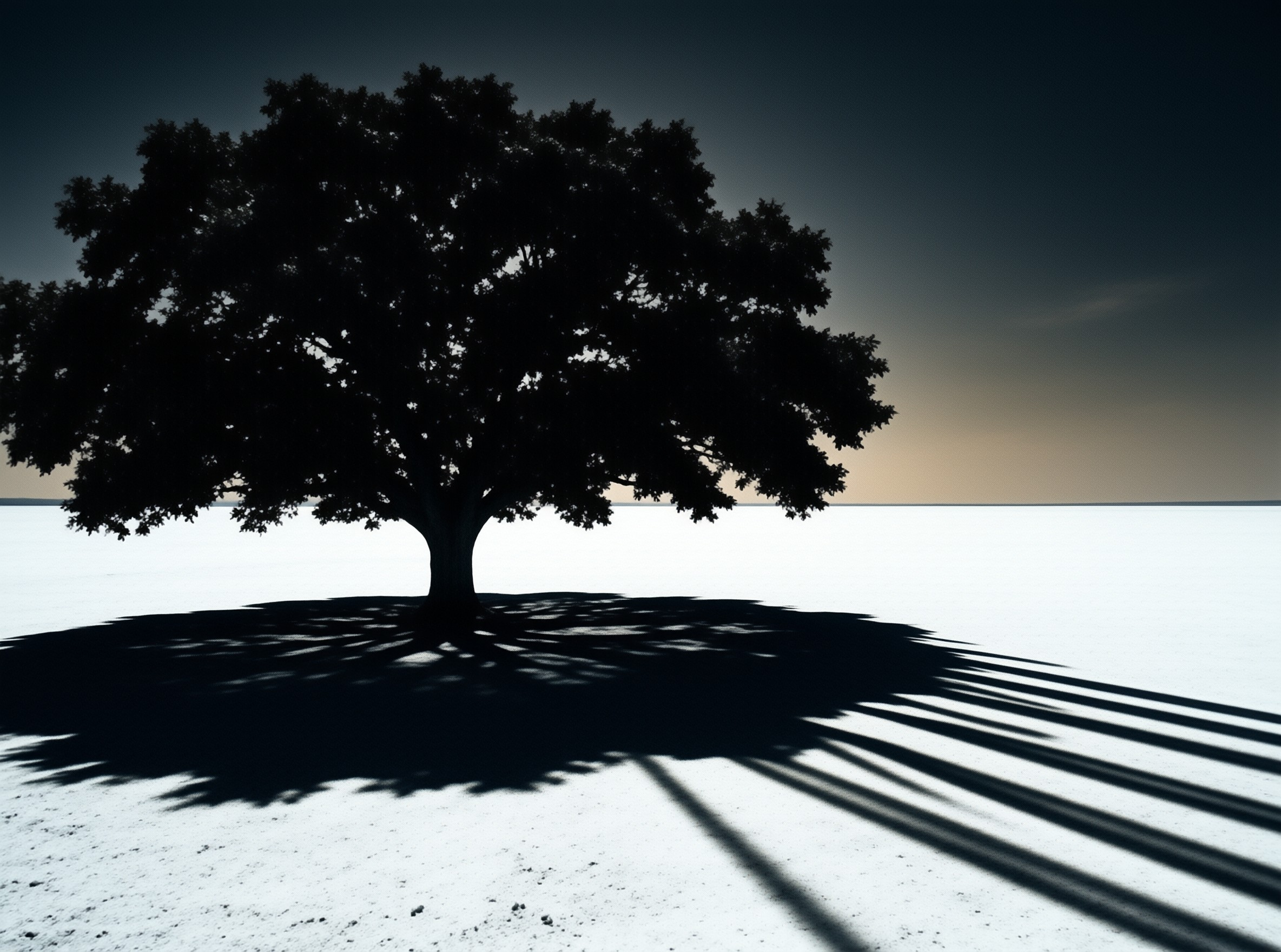 Silhouetted tree stands on white salt flat under twilight sky with elongated shadow stretching across the ground.