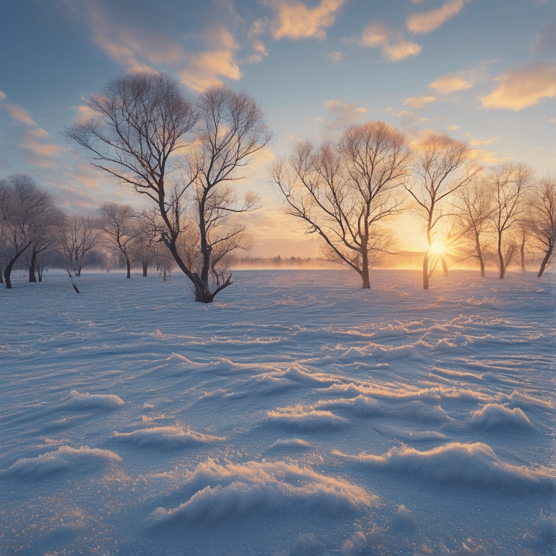 Bare trees stand in a ruffled snowfield while the sun rises low, casting warm orange light across the sky and distant fog.