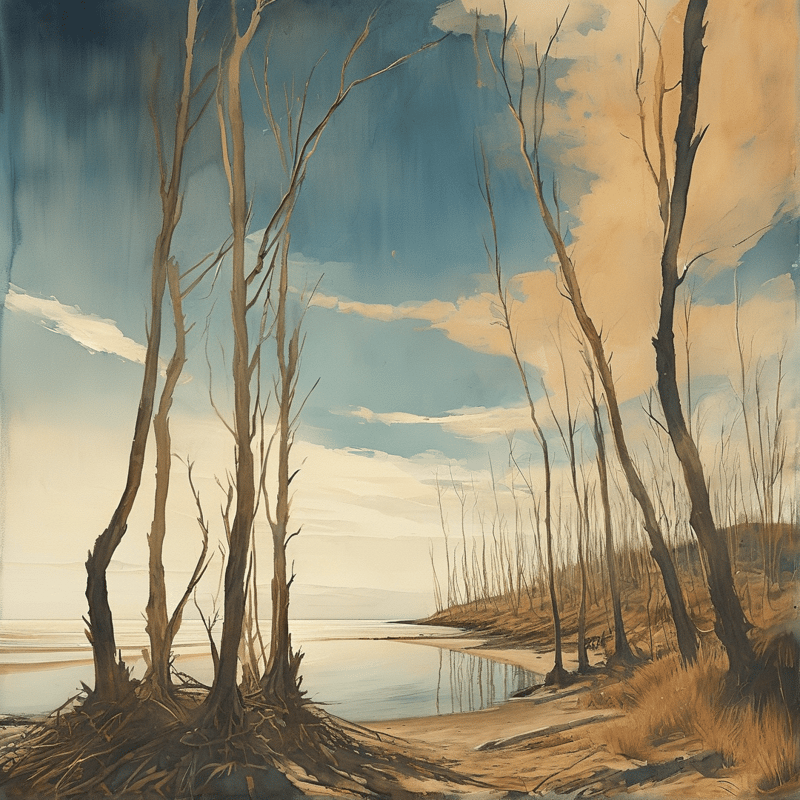 Trees without leaves line a shore beside calm water under a blue sky with warm clouds on the right.