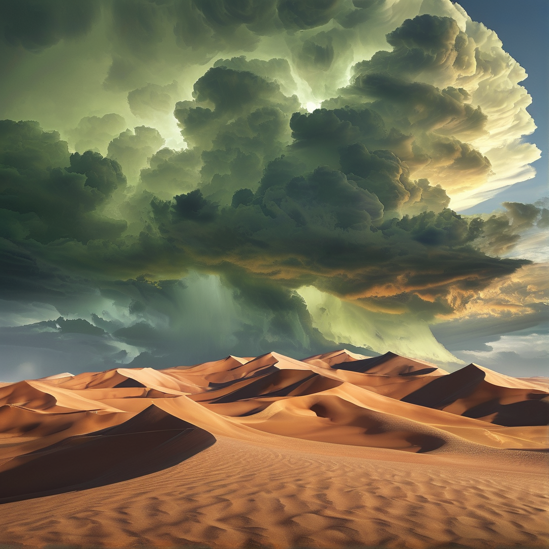 A massive greenish cloud formation looms over golden desert dunes with dramatic lighting.