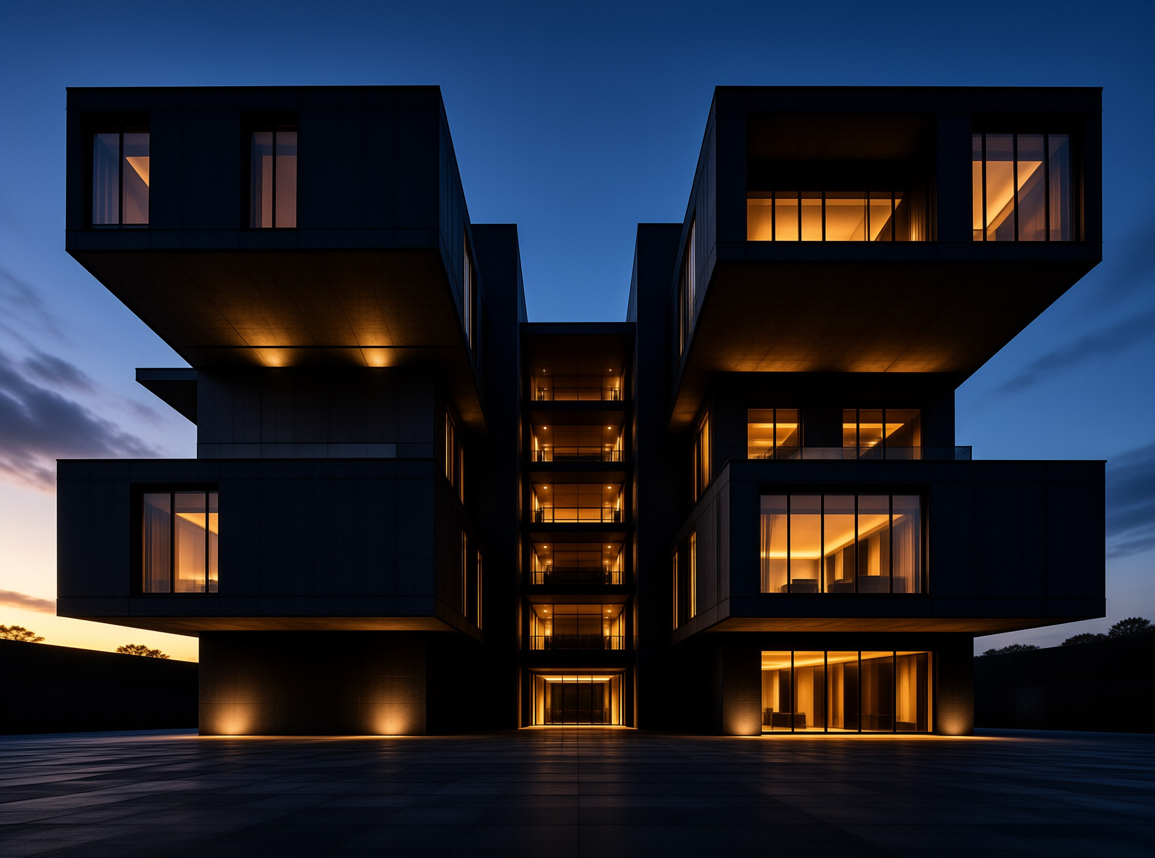 A dark contemporary house of stacked cantilevered boxes, its many windows glowing amber against a deep blue evening sky.