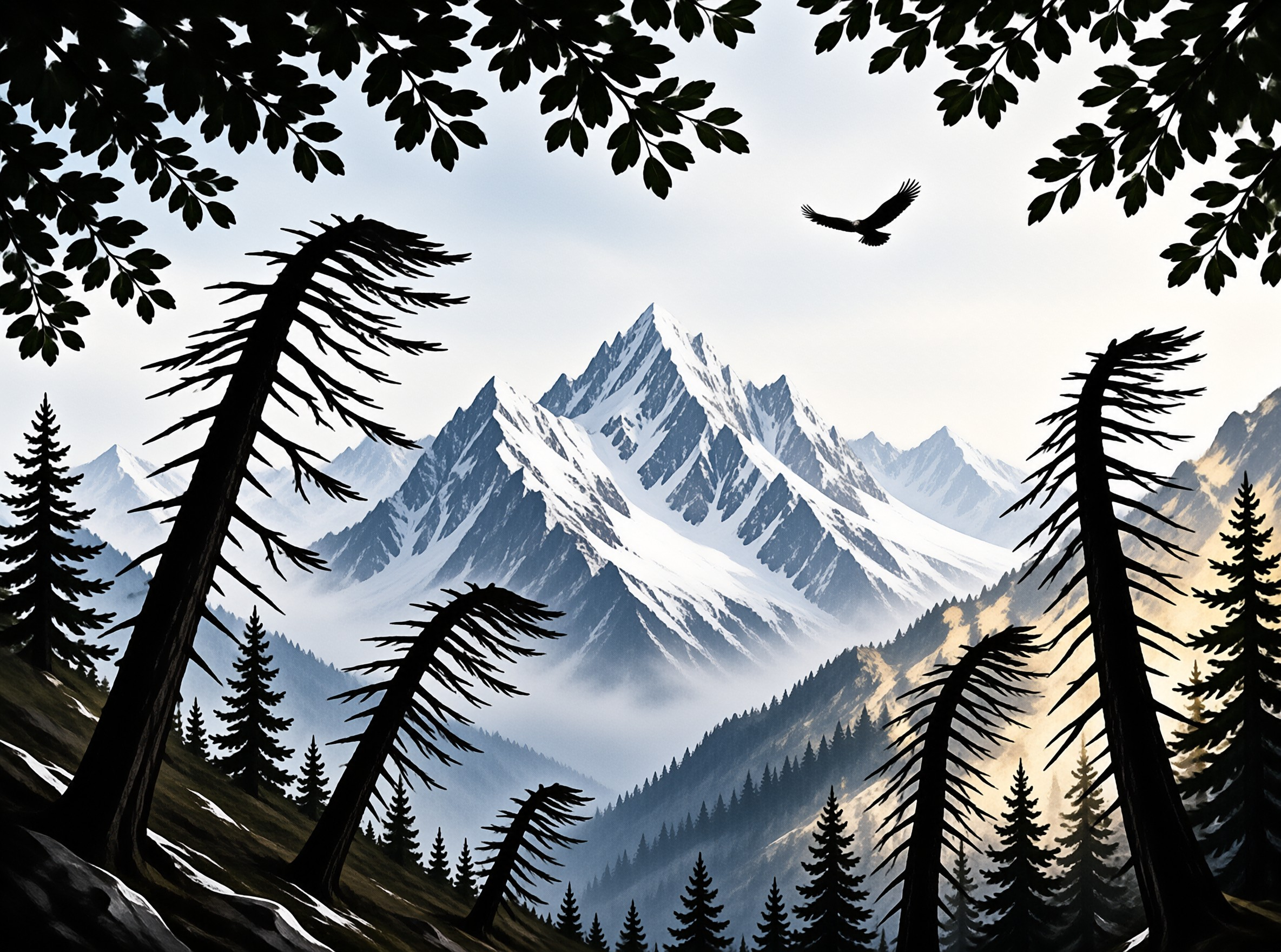 A solitary eagle glides over a misty sky above snow-dusted mountain peaks framed by coniferous trees and overhanging leaves