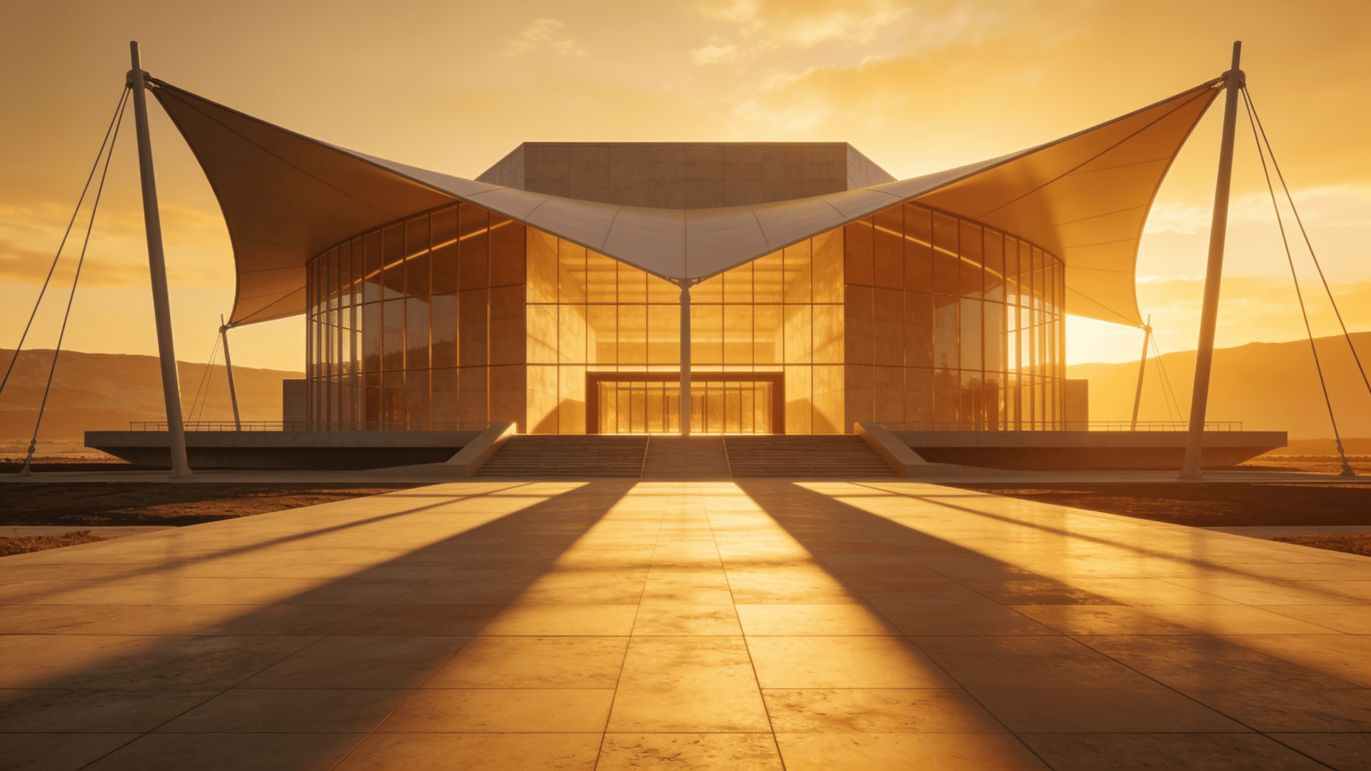 Museum with Tensile Structure — Golden Sunset