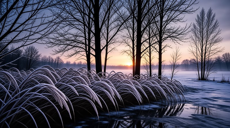 Icily covered grass bows near the water while leafless trees stand against a glowing orange horizon above a misty river.