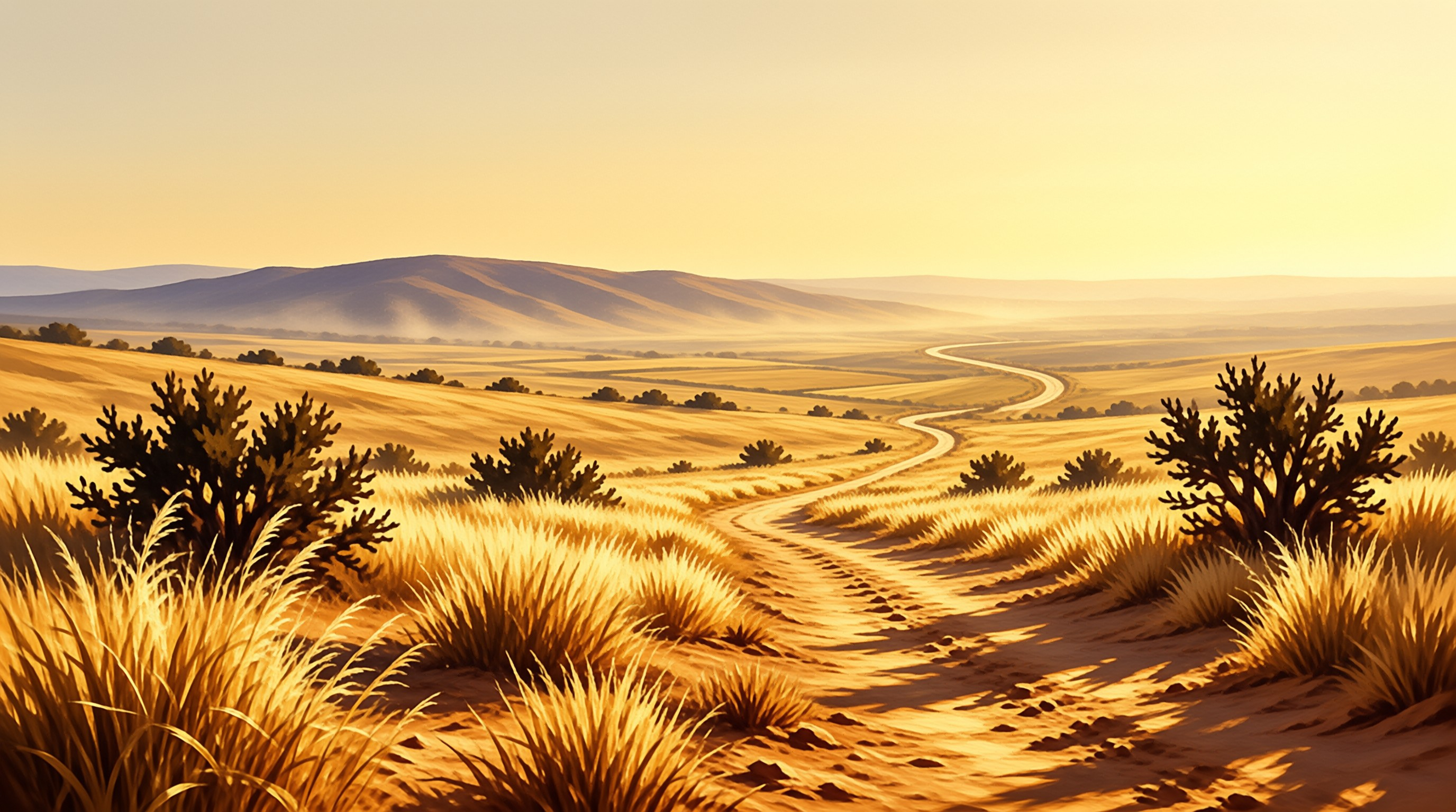 A curving unpaved path cuts through a vast amber grassy landscape with distant rolling hills at golden hour