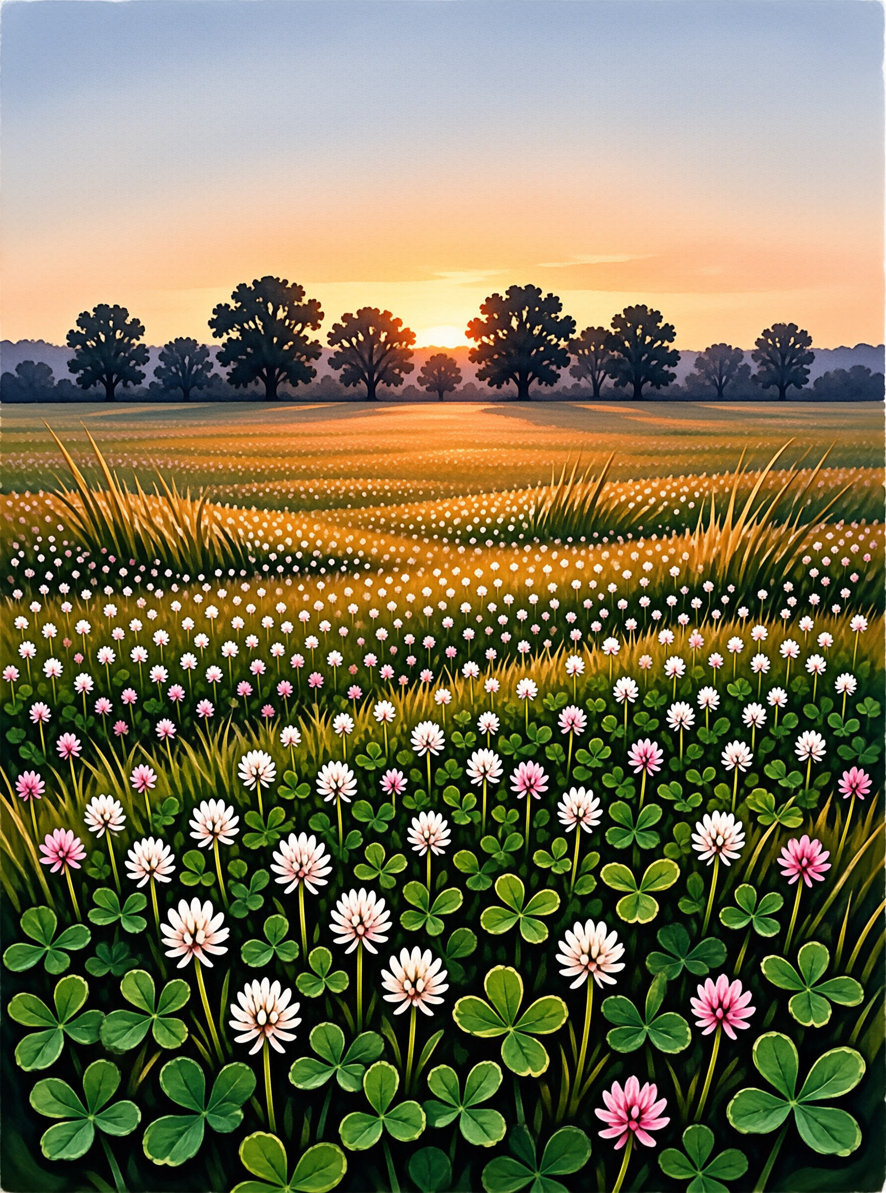 A field of white and pink clover flowers stretching towards a line of trees under a warm orange sunset sky.