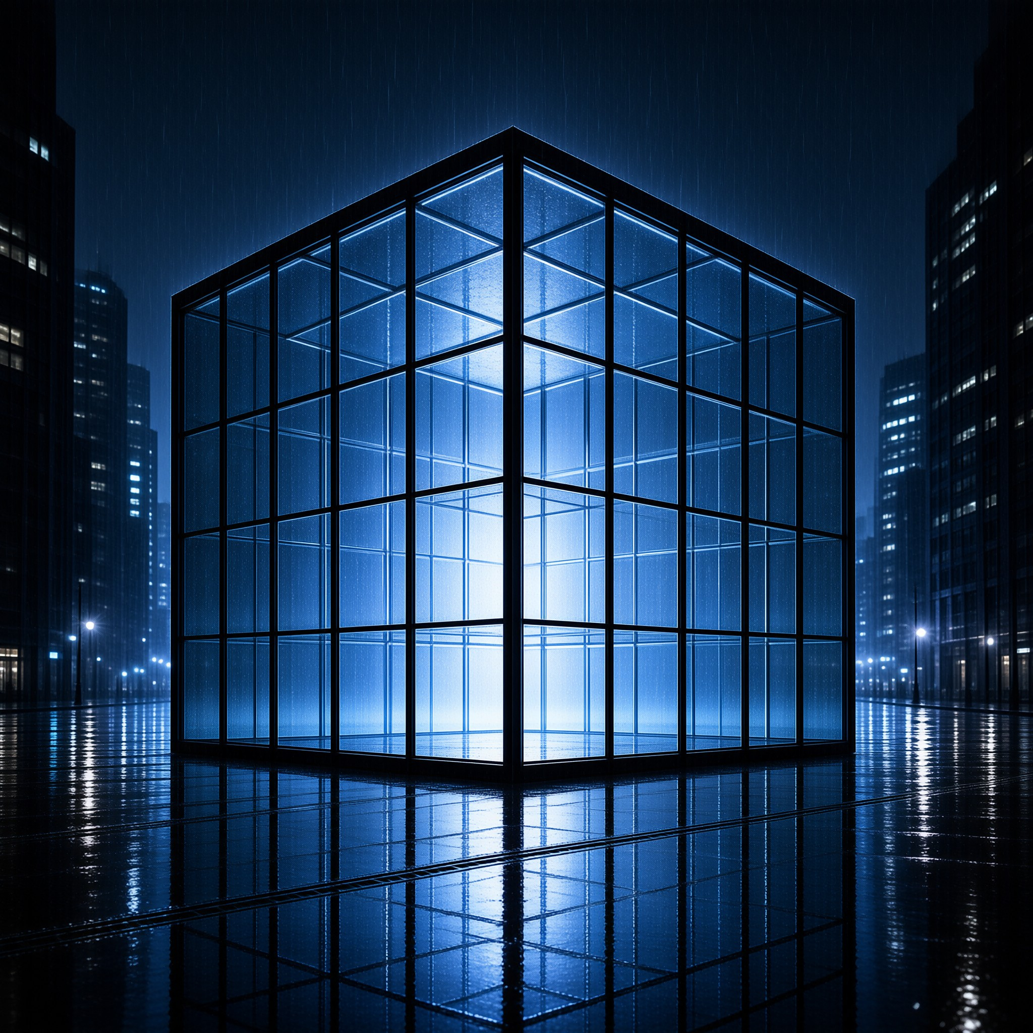 Glowing Cube in Rainy City