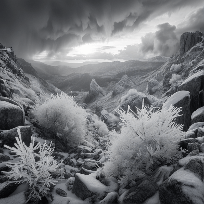 A black and white view over snow dusted boulders and frosted shrubs toward rolling ridges under stormy skies.