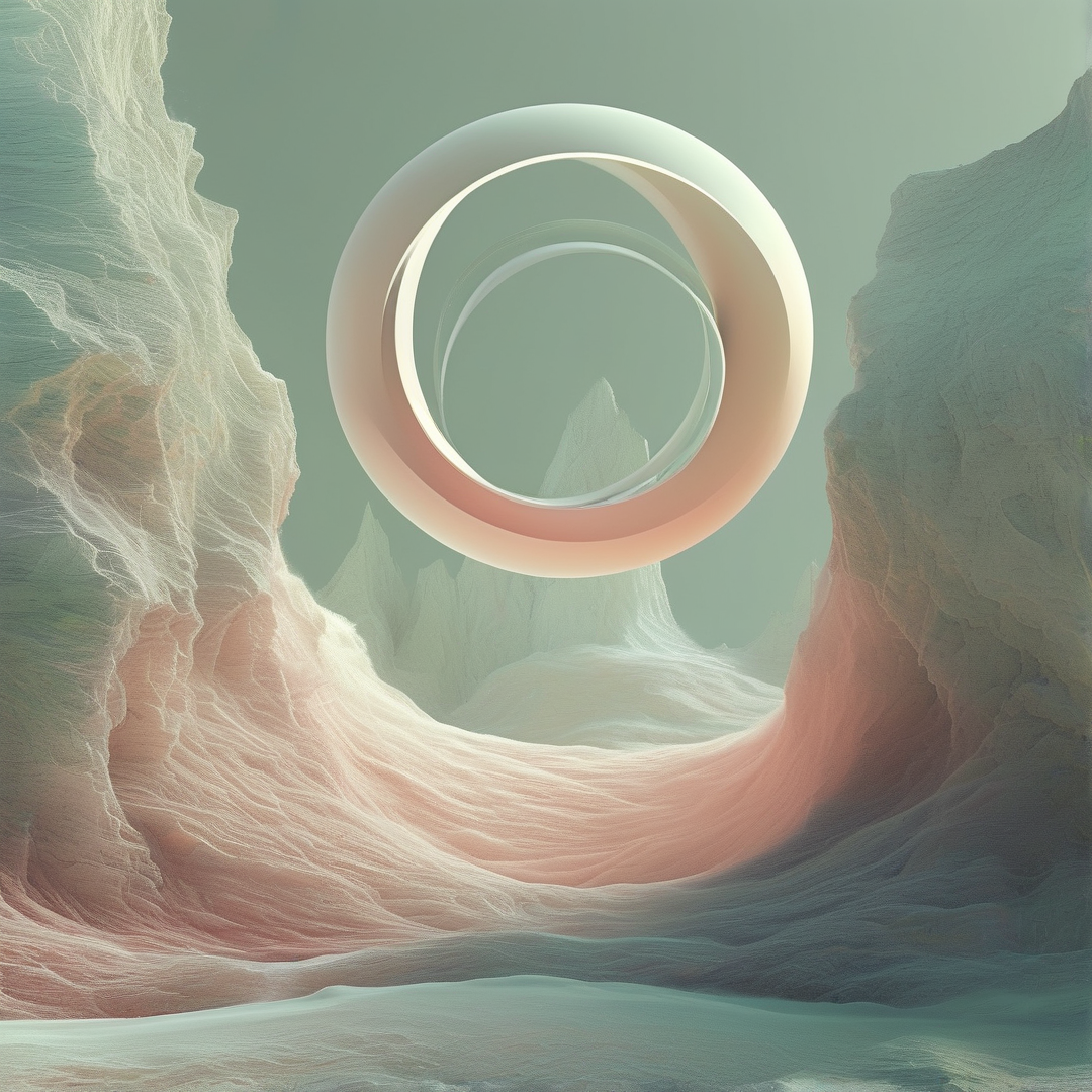 Translucent torus hovering over a surreal canyon of layered pastel sedimentary rock formations.