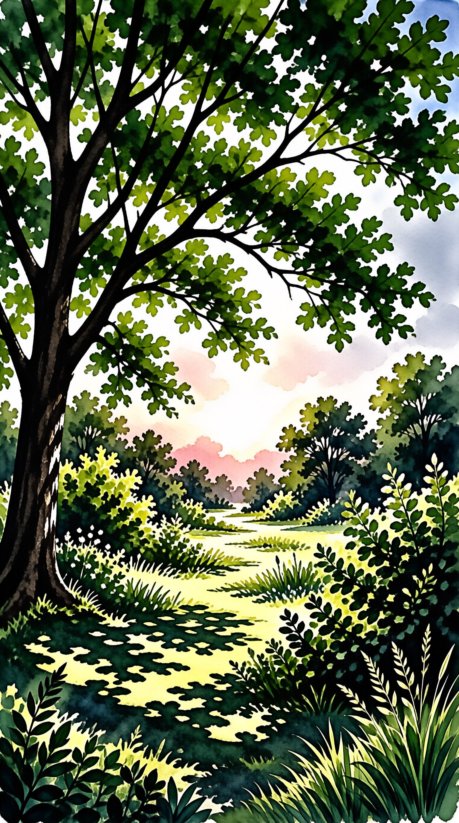 A large oak tree frames a winding path through lush green forest under a soft pink and blue sunset sky