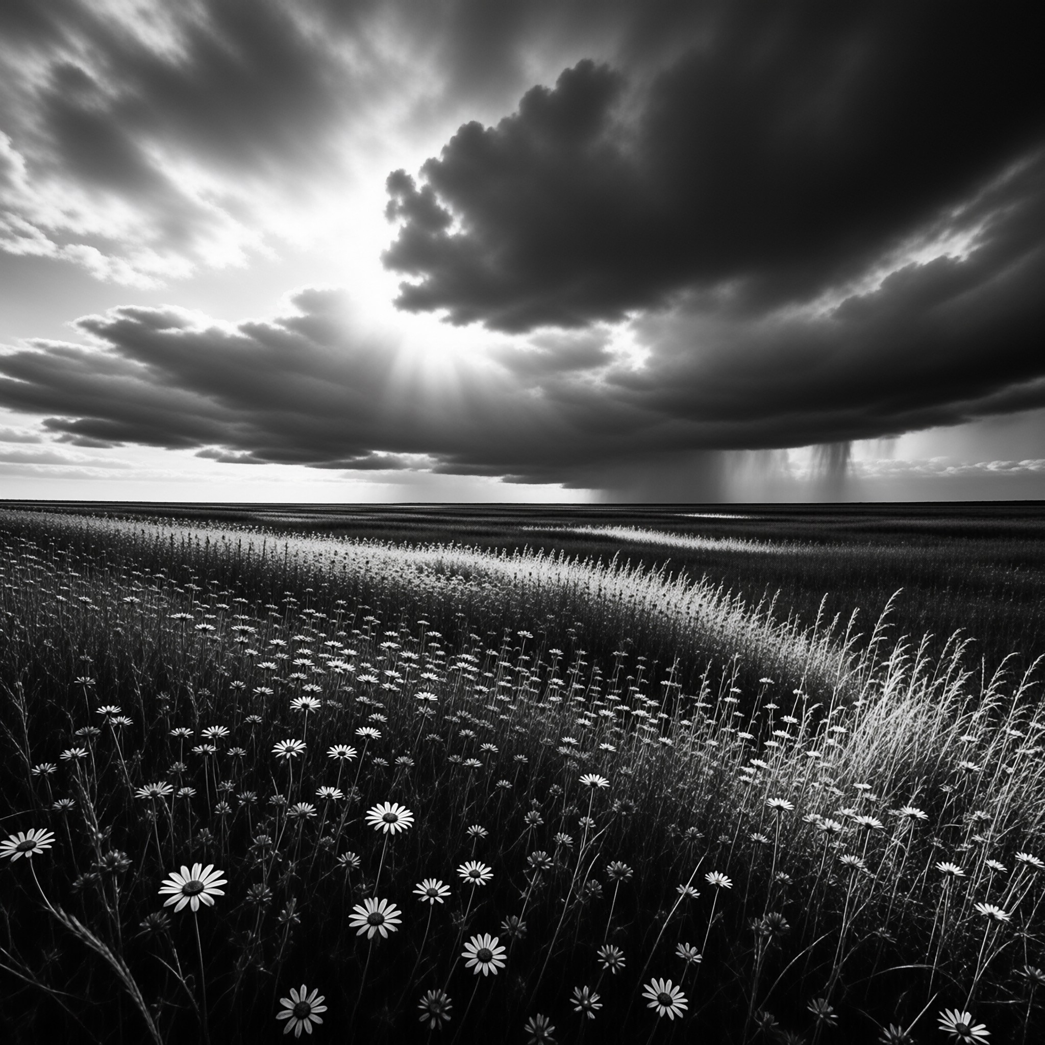 Daisies line the foreground as storm clouds part to show sunbeams lighting the vast grassy plain.