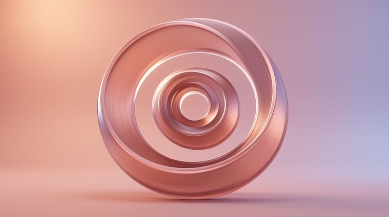 A glossy copper torus stands upright on a smooth surface with a warm peach to purple gradient background.