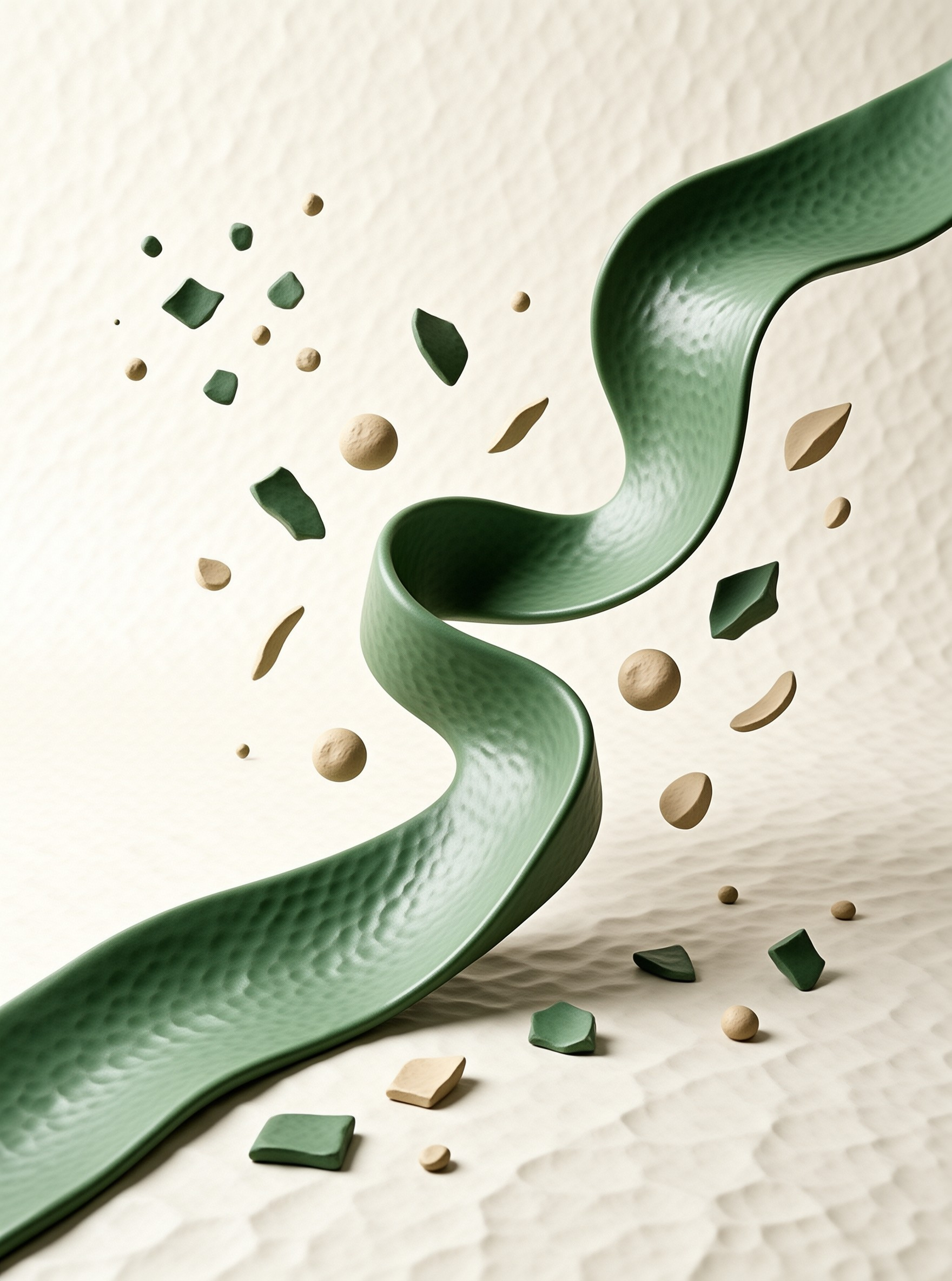 A curved green ribbon with a dimpled texture rests on a beige textured surface surrounded by small geometric shapes