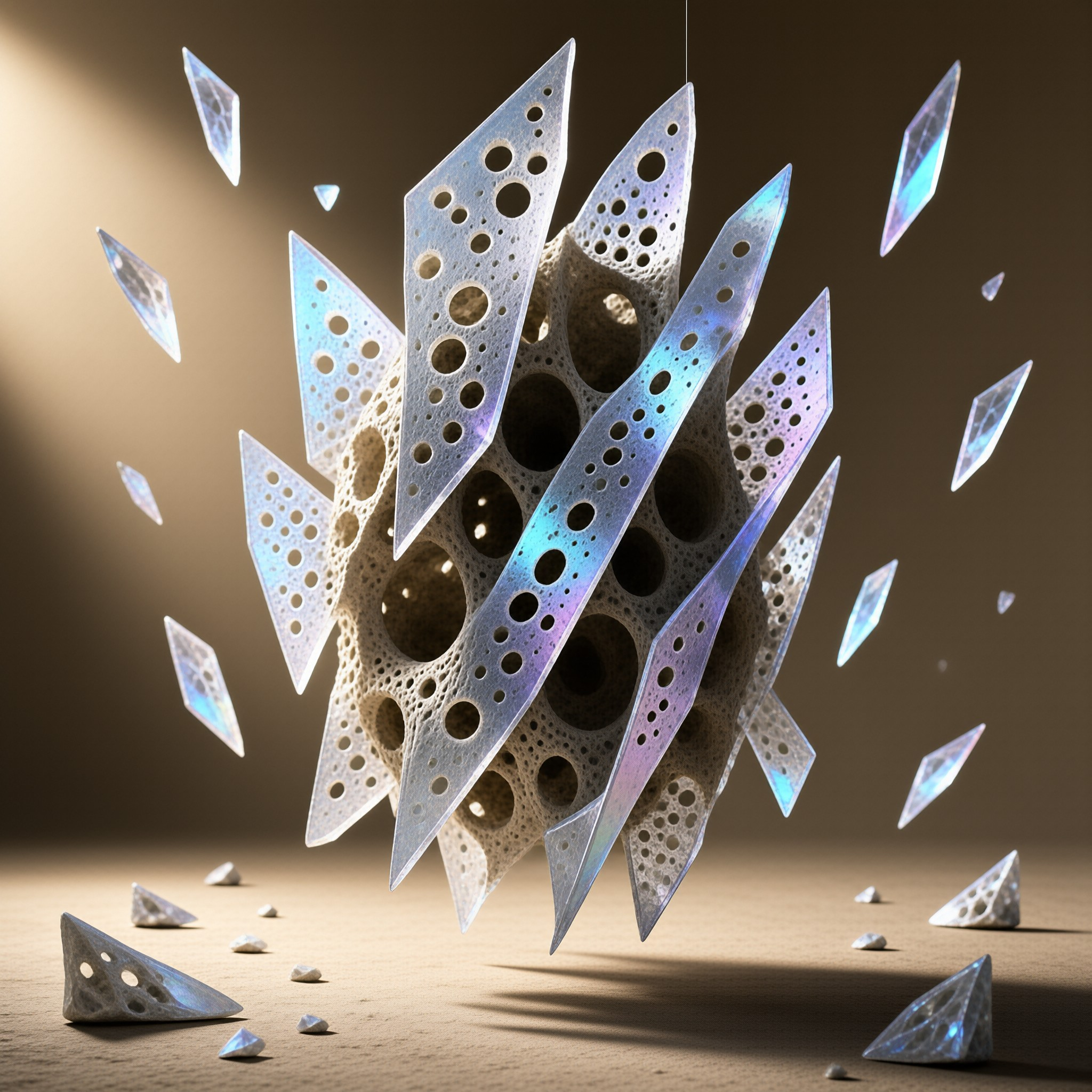 A porous sculpted form with iridescent perforated pointed shards floats suspended above a warm beige surface lit by soft directional light.