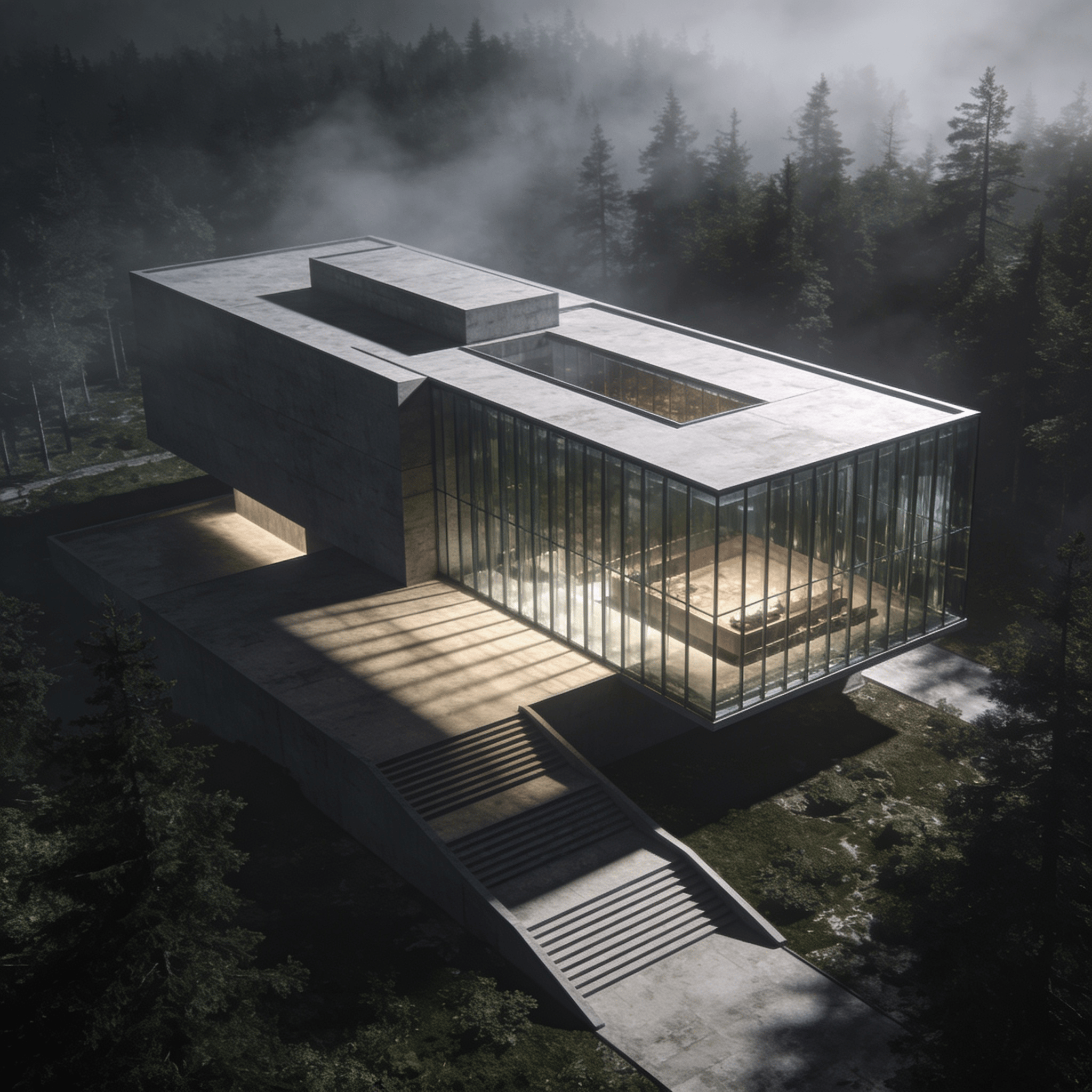 Museum with Glass Curtain Wall — Misty Forest